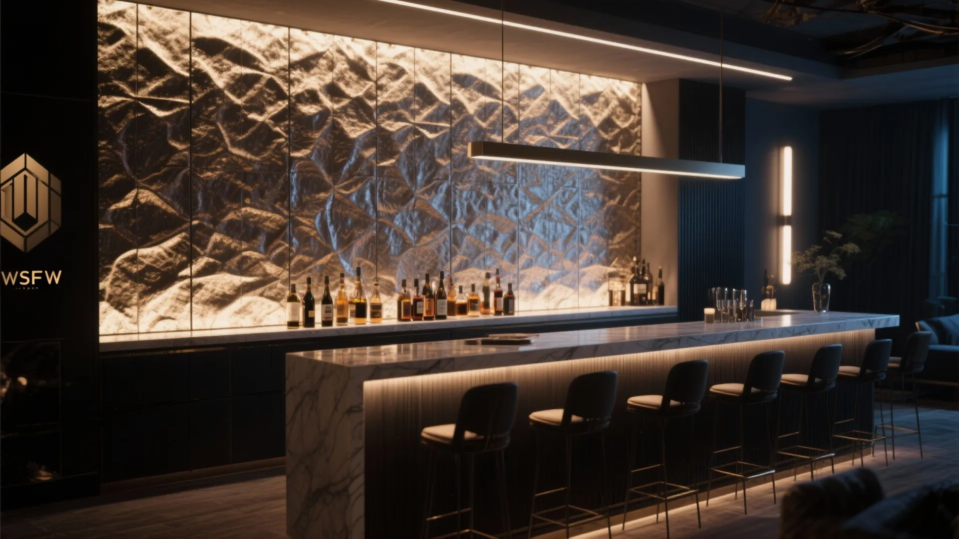Luxury home bar with marble counter dark stools textured back wall and modern light fixture