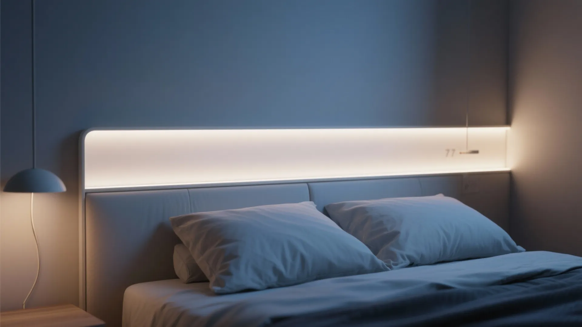 Modern bedroom with built-in wall light behind bed headboard and a small hanging ceiling light