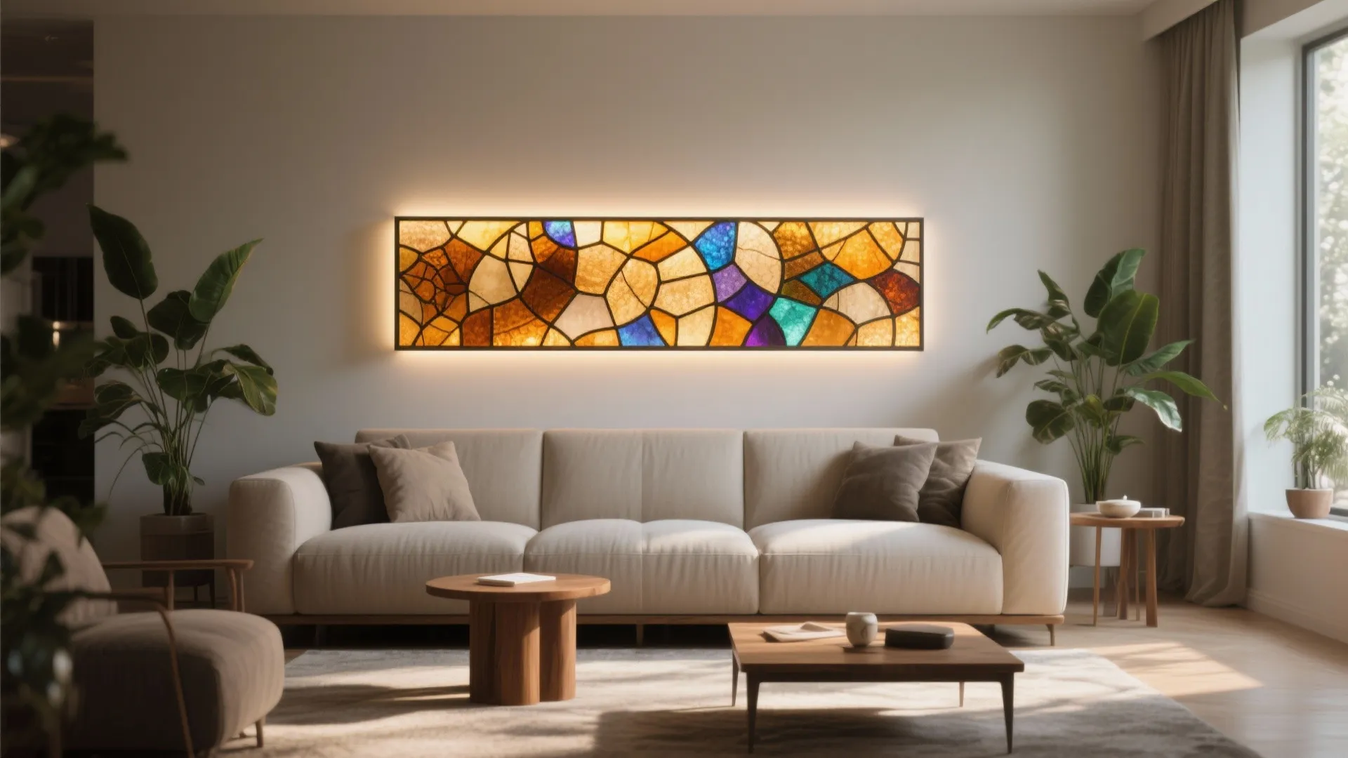 Slim backlit stained glass panel above a sofa providing even, cinematic accent lighting.