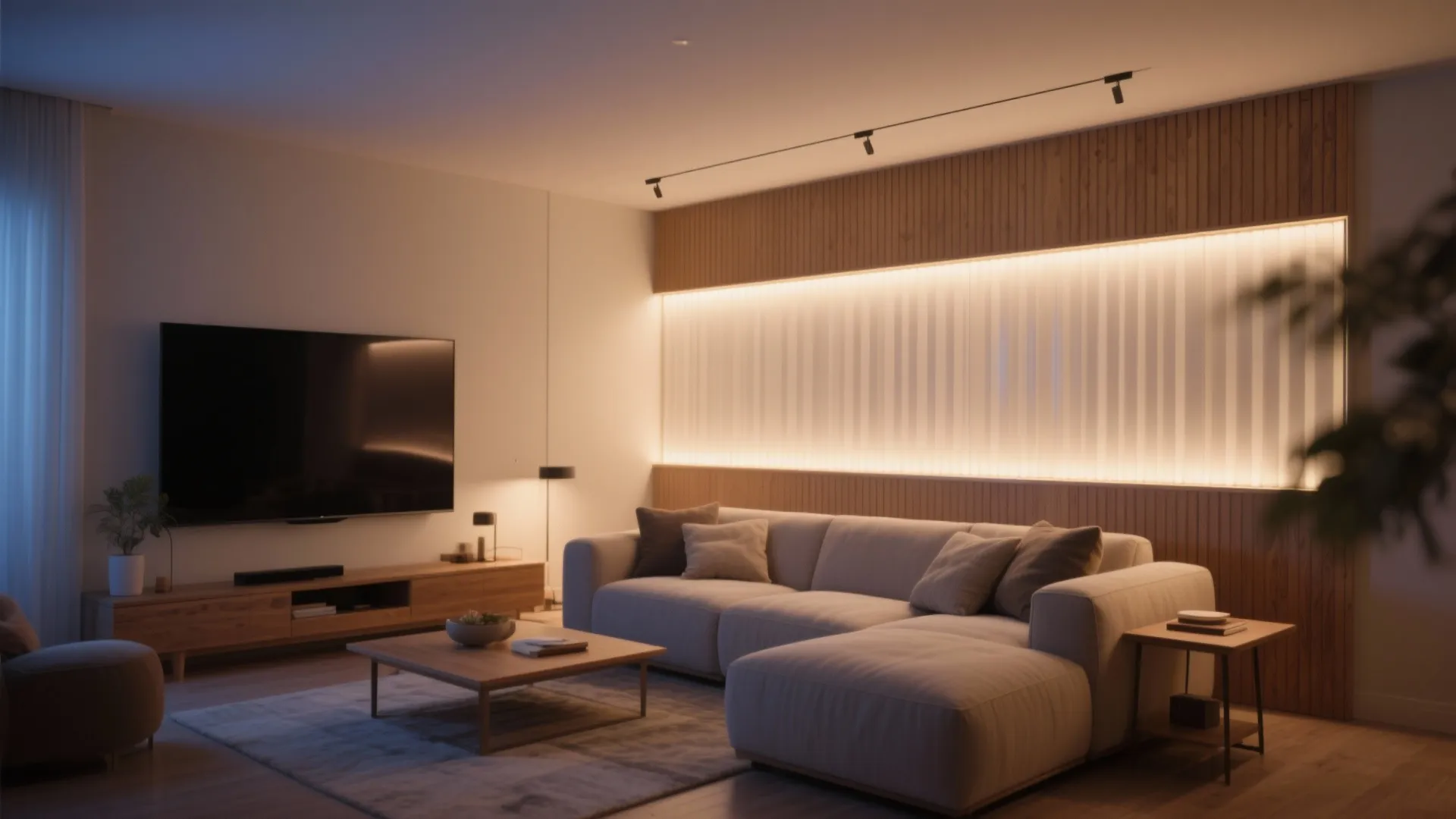 Backlit panels and floating light bars for soft glow