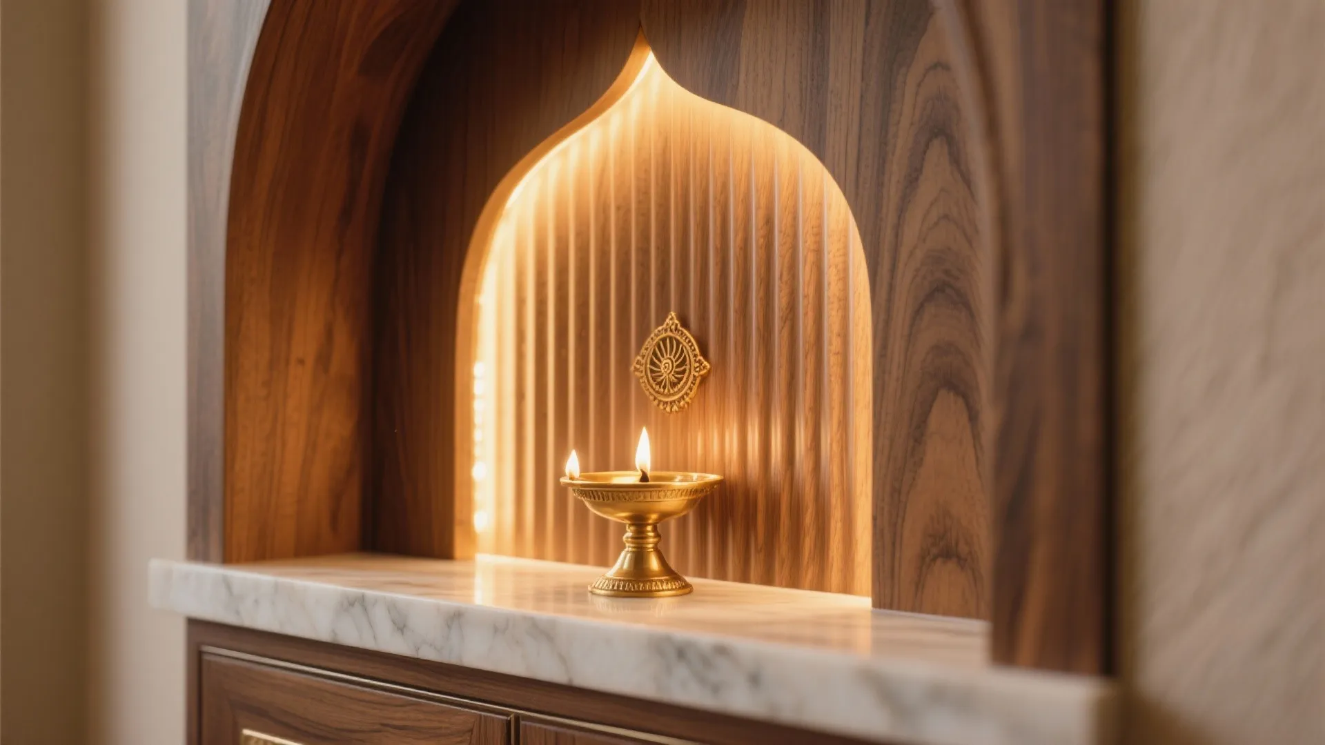Macro detail of a warm backlit fluted panel and marble ledge with a brass diya.