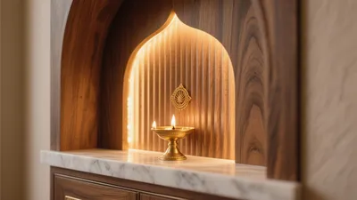 Warm Wooden Pooja Room Niche with Marble Countertop