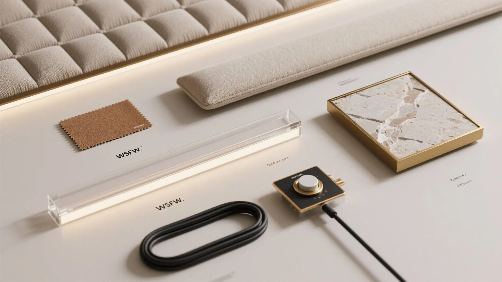 Interior design materials including fabric samples stone tiles light fixtures and small black control switch
