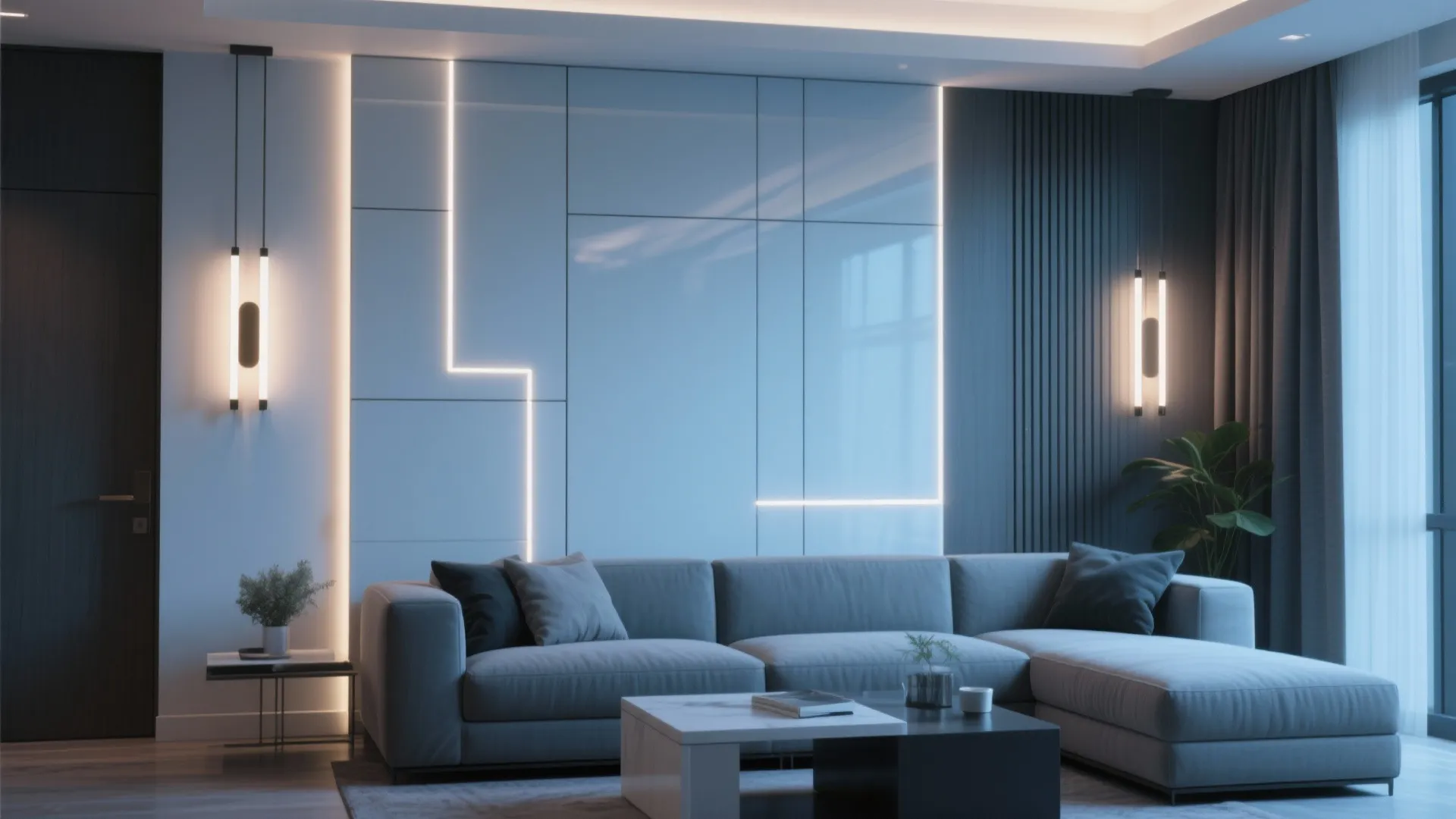 Slim LED backlit panel sconces in modern condo