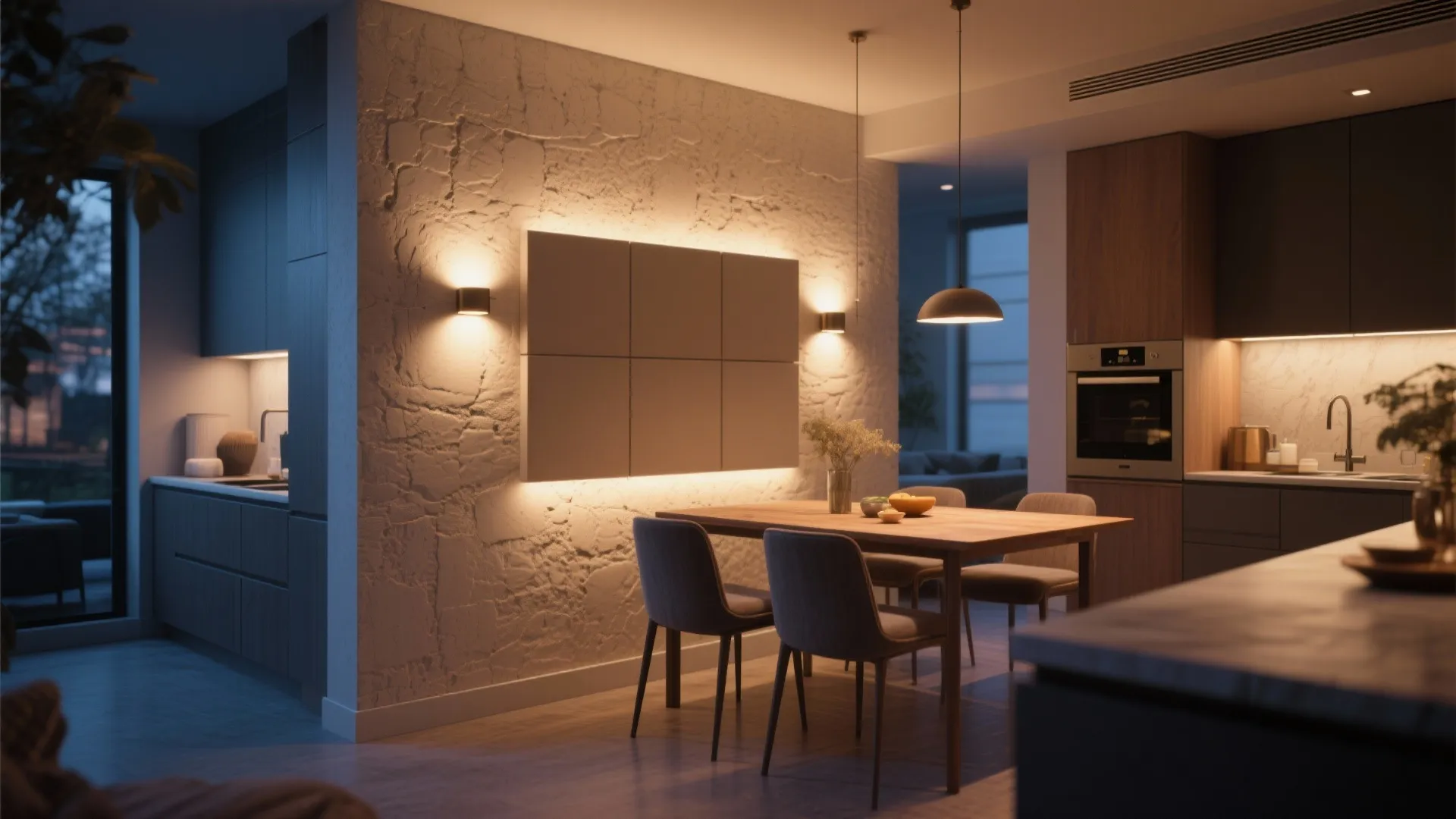 Backlit panel wall sconces in open-plan dining space