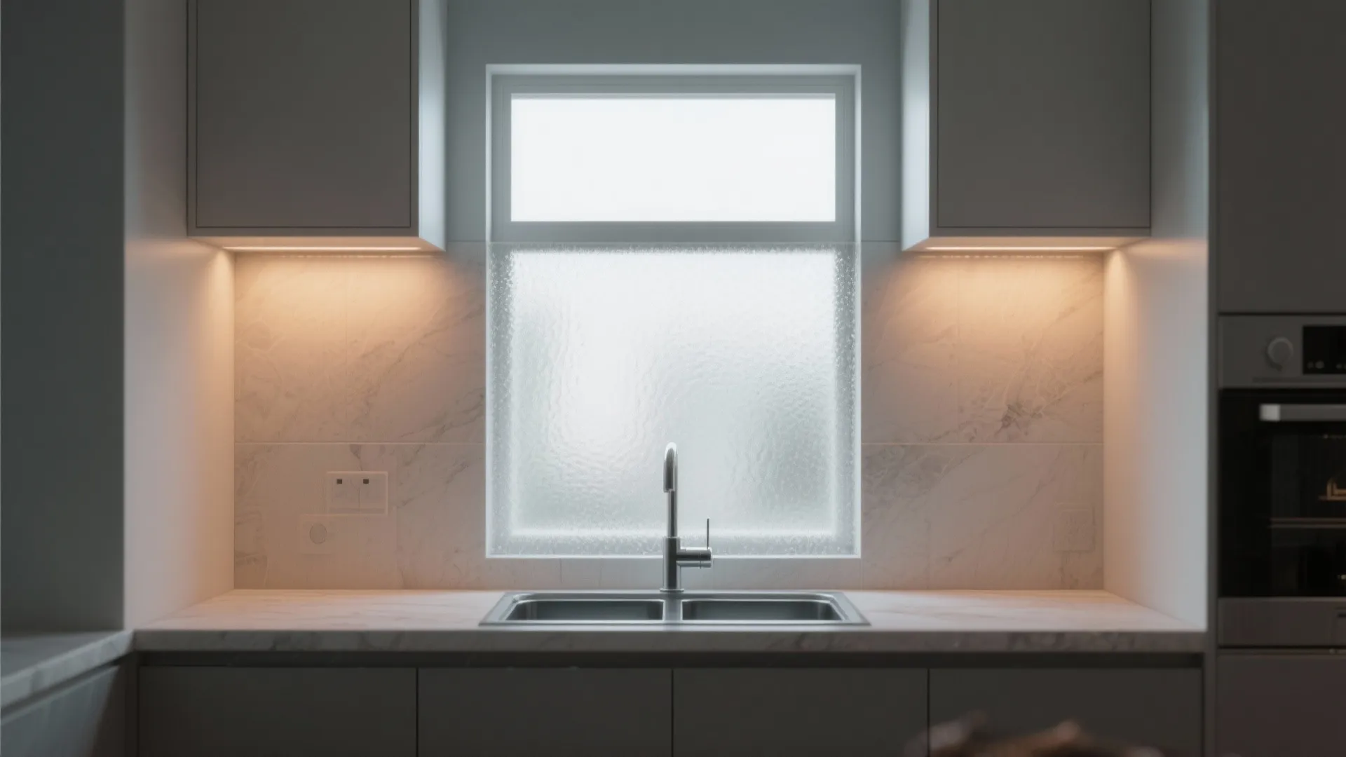 Clean kitchen sink area with a frosted window and warm light panels under the cabinets