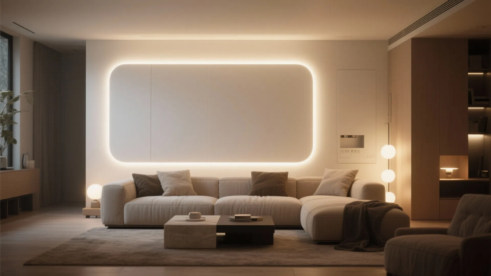 Living room backlit white panel providing a soft ambient halo behind a sofa