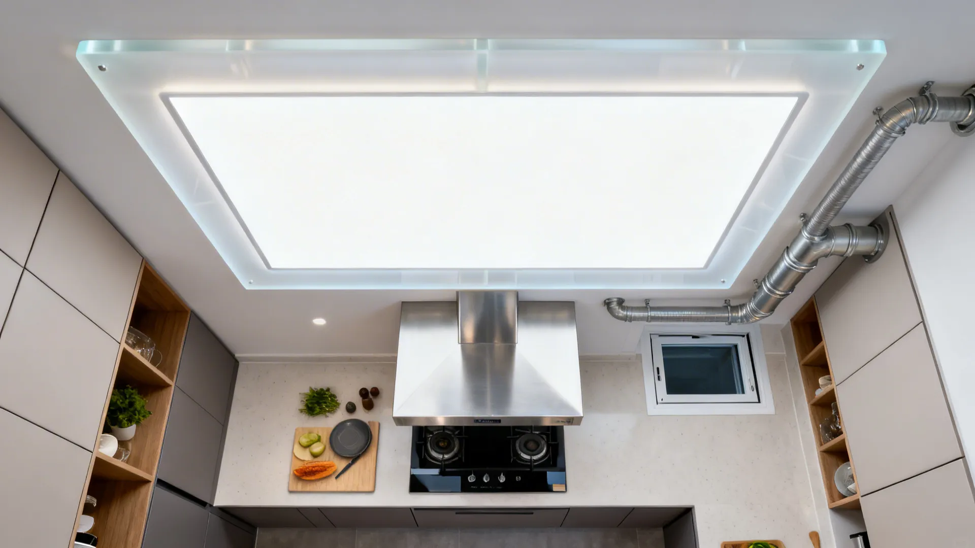 Top-down plan view showing a backlit ceiling panel aligned over the hob and prep with access hatch.