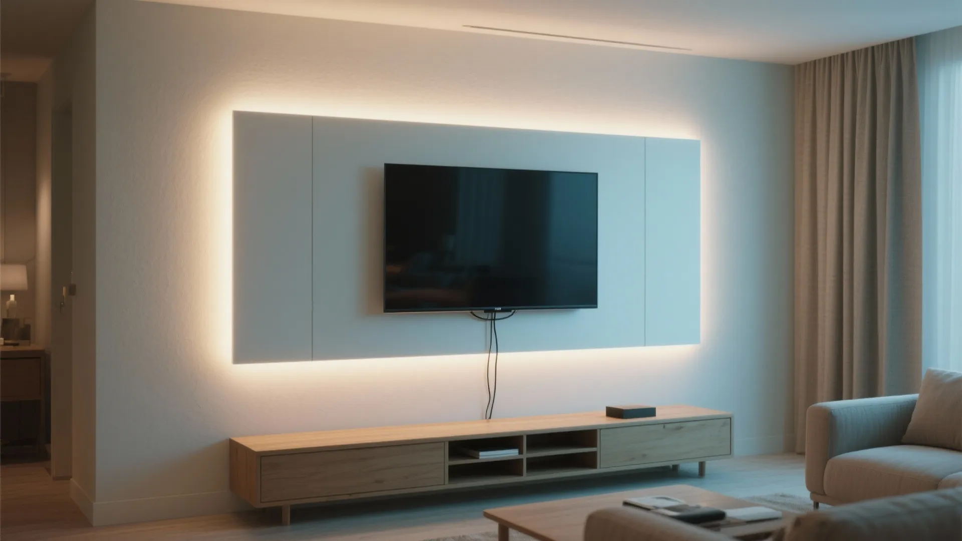 TV appears to float with an even halo from a slim backlit wall panel in a small living room.
