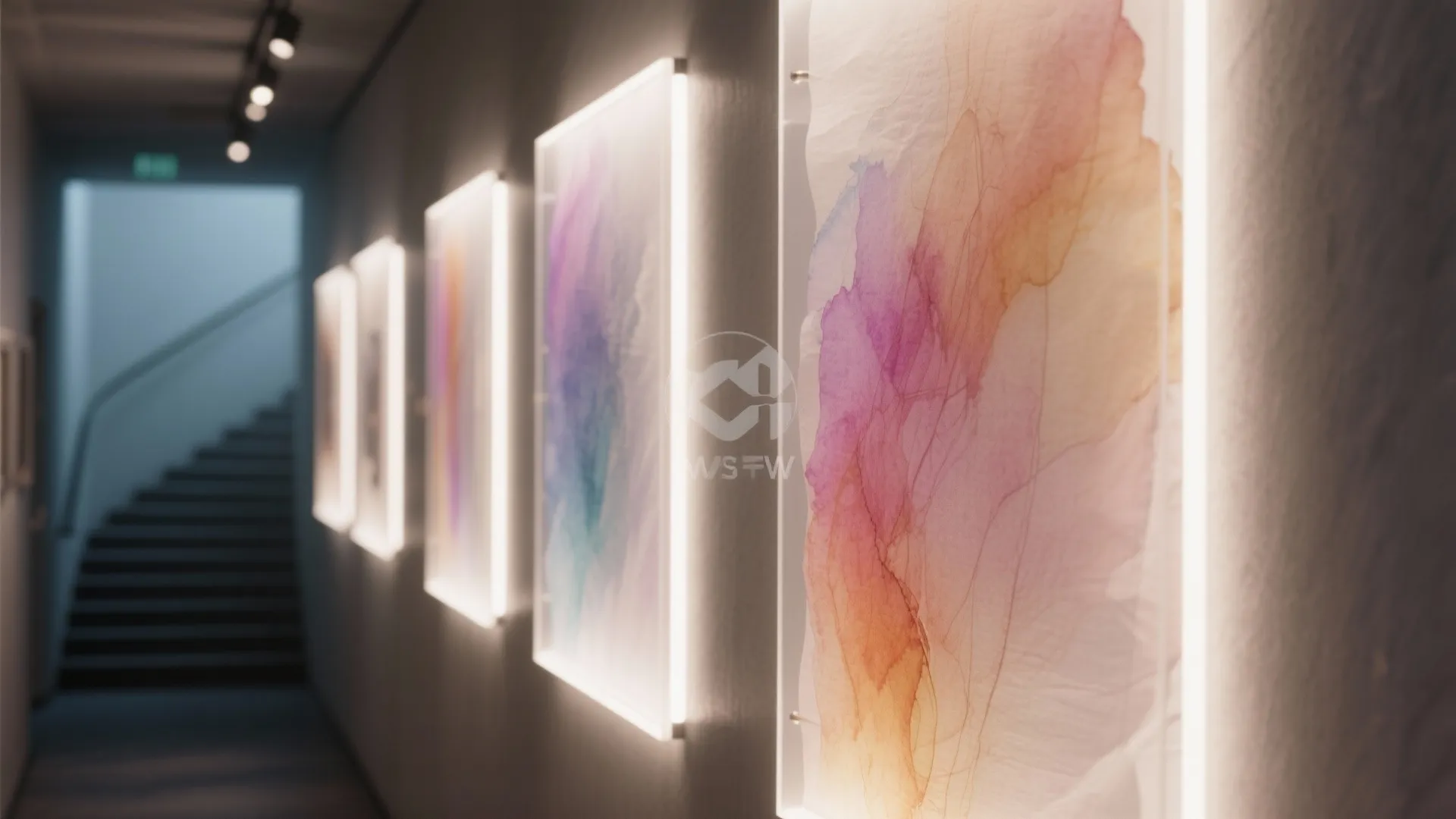Dark hallway featuring glowing wall light frames with colorful art pieces next to a staircase