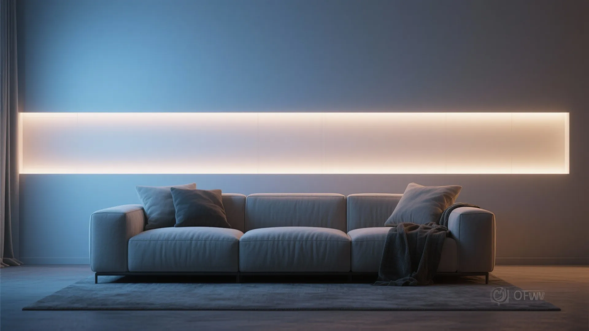 Sofa with soft ambient backlit LED panels creating depth and a calm evening glow.