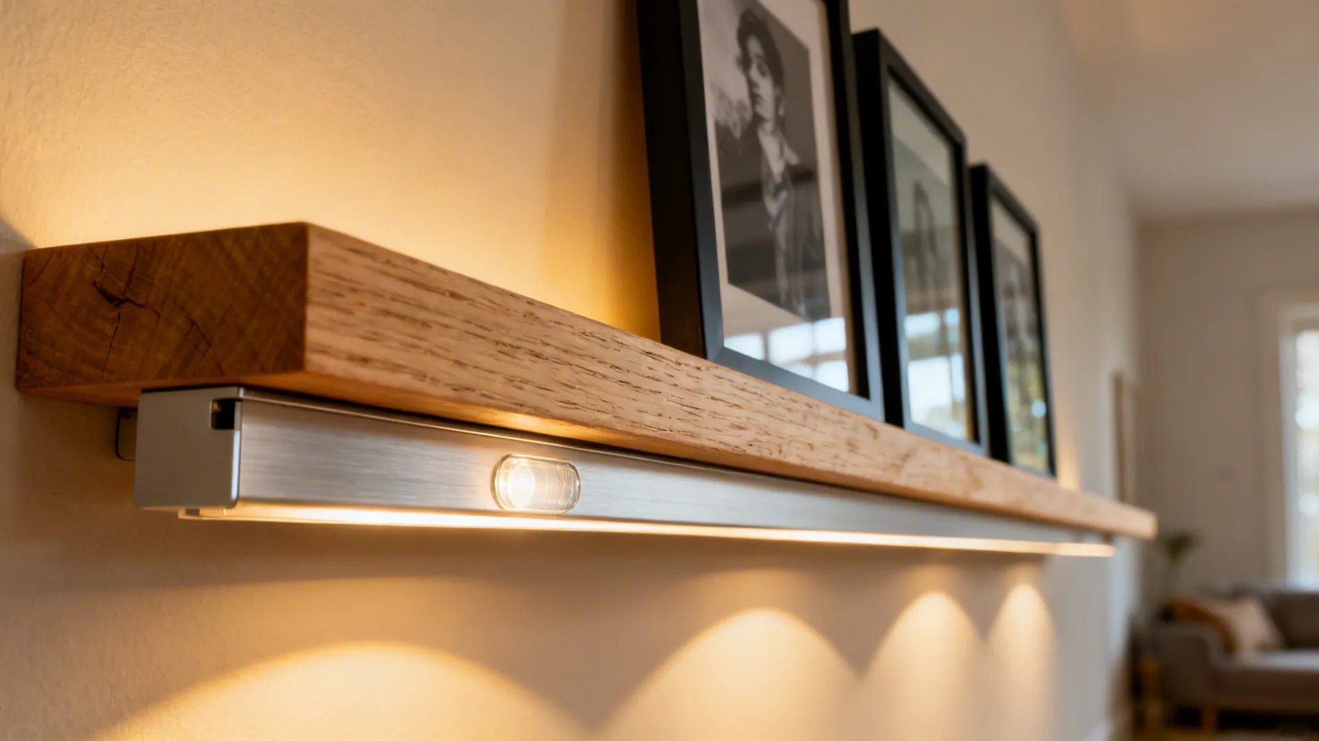 Close-up of photo ledges with diffused LED strips casting a soft halo behind frames.