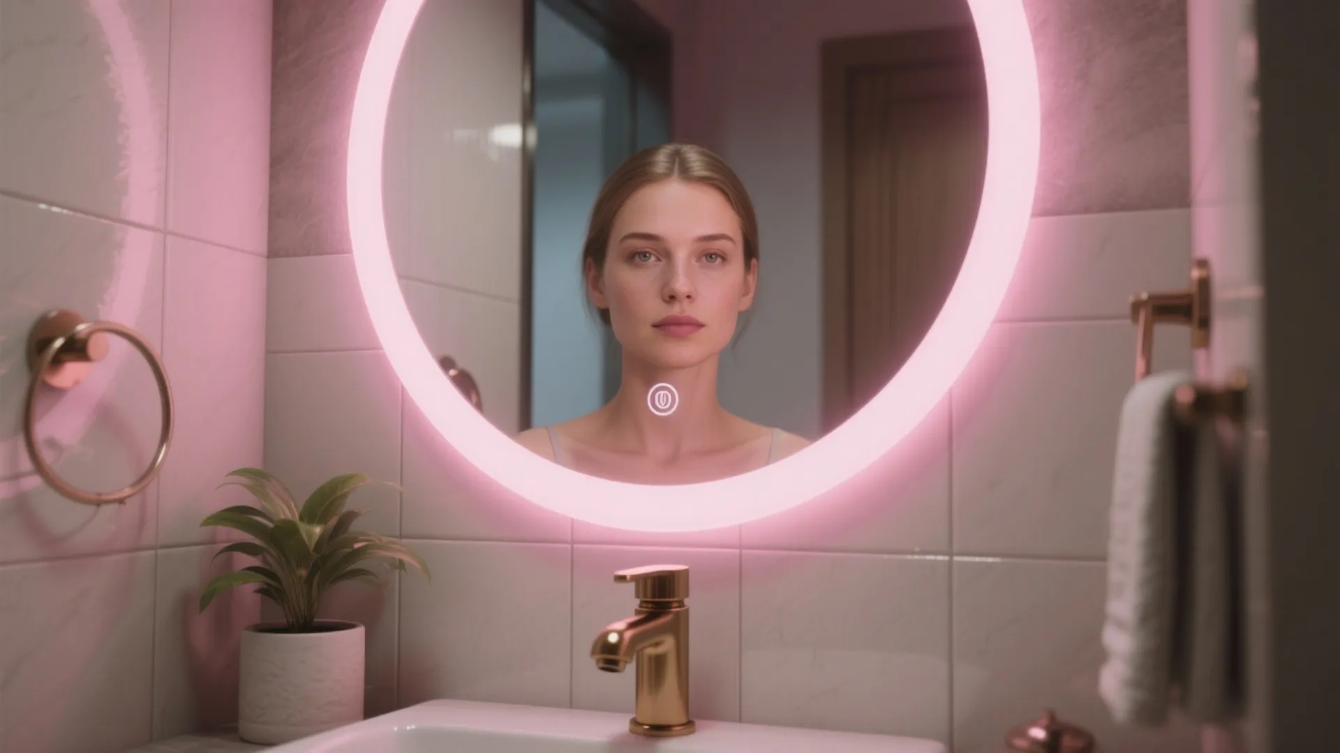 Small bathroom vanity with a soft pink backlit mirror that flatters skin tones and creates a boutique feel