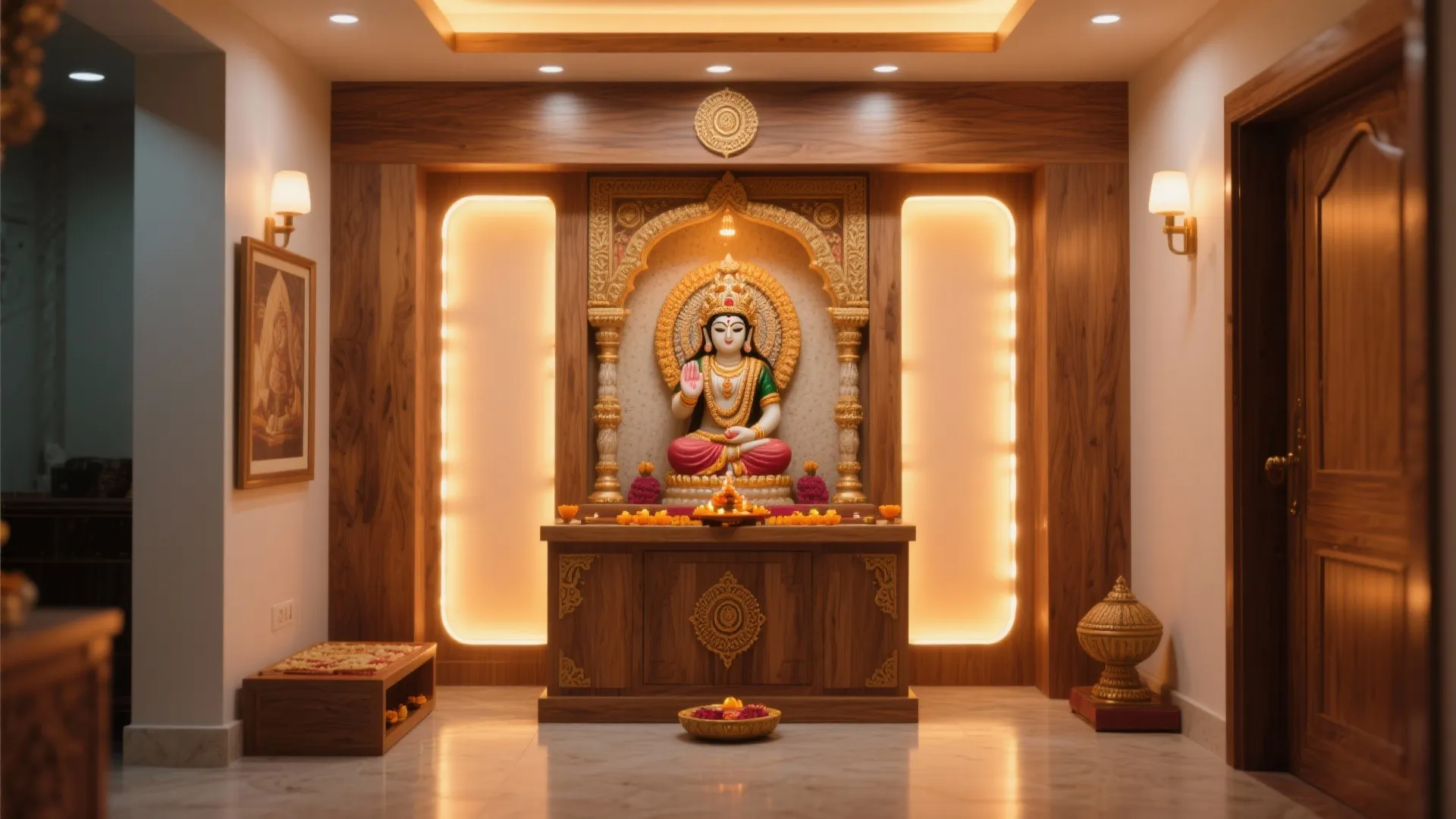 Modern interior design drawing with wooden wall panel backlit lighting and a central gold statue