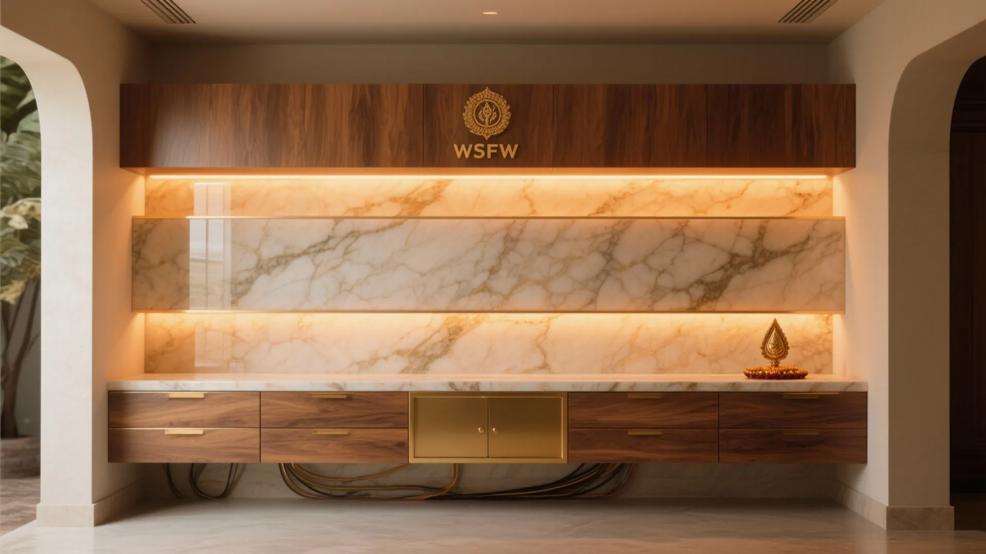 Backlit Stone or Veneer Panel with Floating Drawers