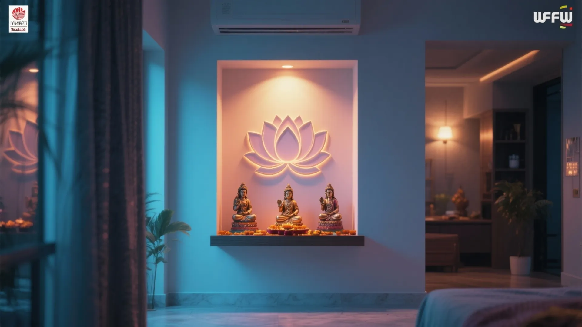 Wall niche with glowing lotus flower design three gold statues dark shelf and blue ambient light