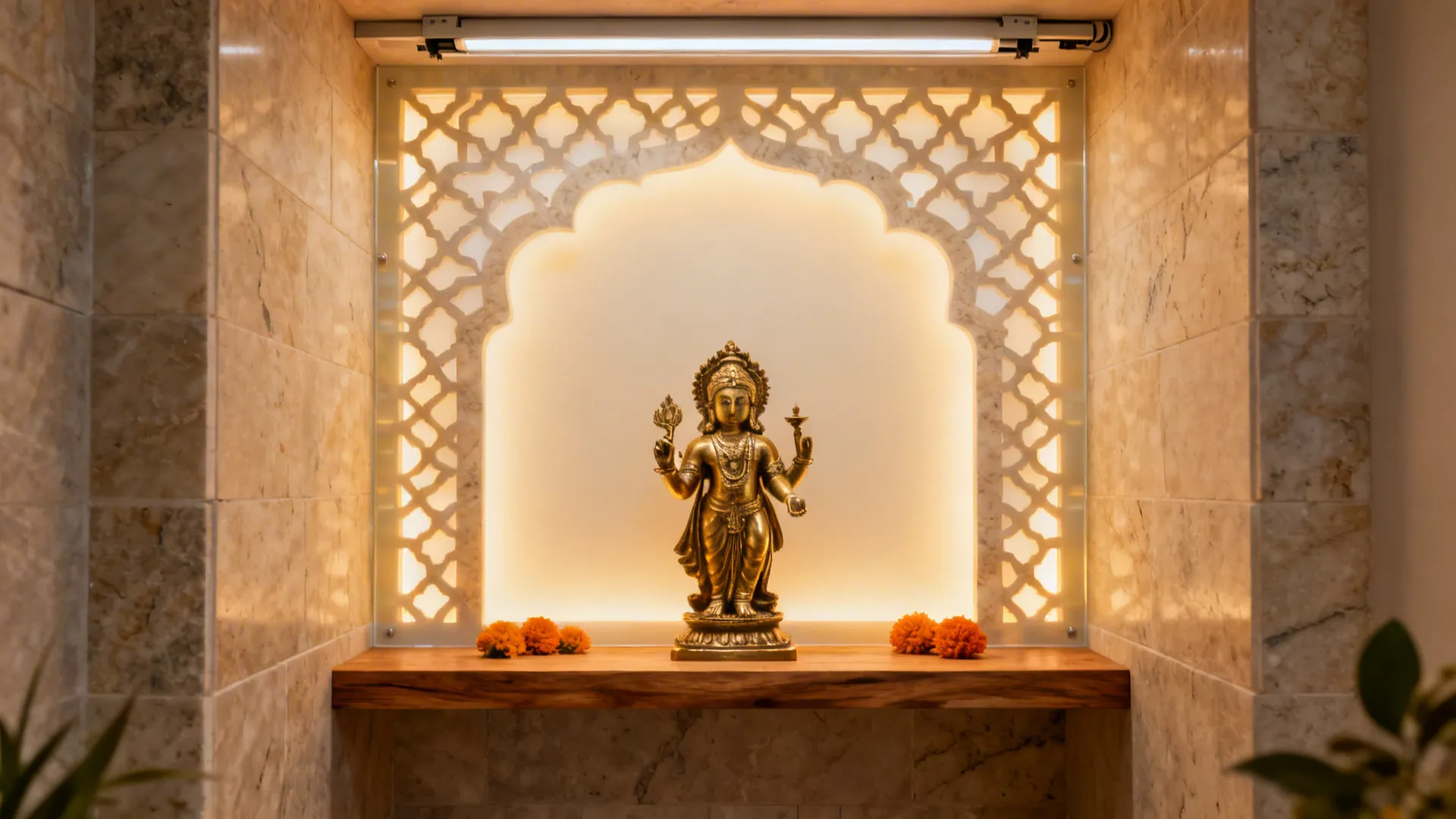 Backlit panel behind a brass deity in a compact pooja alcove with even warm glow.