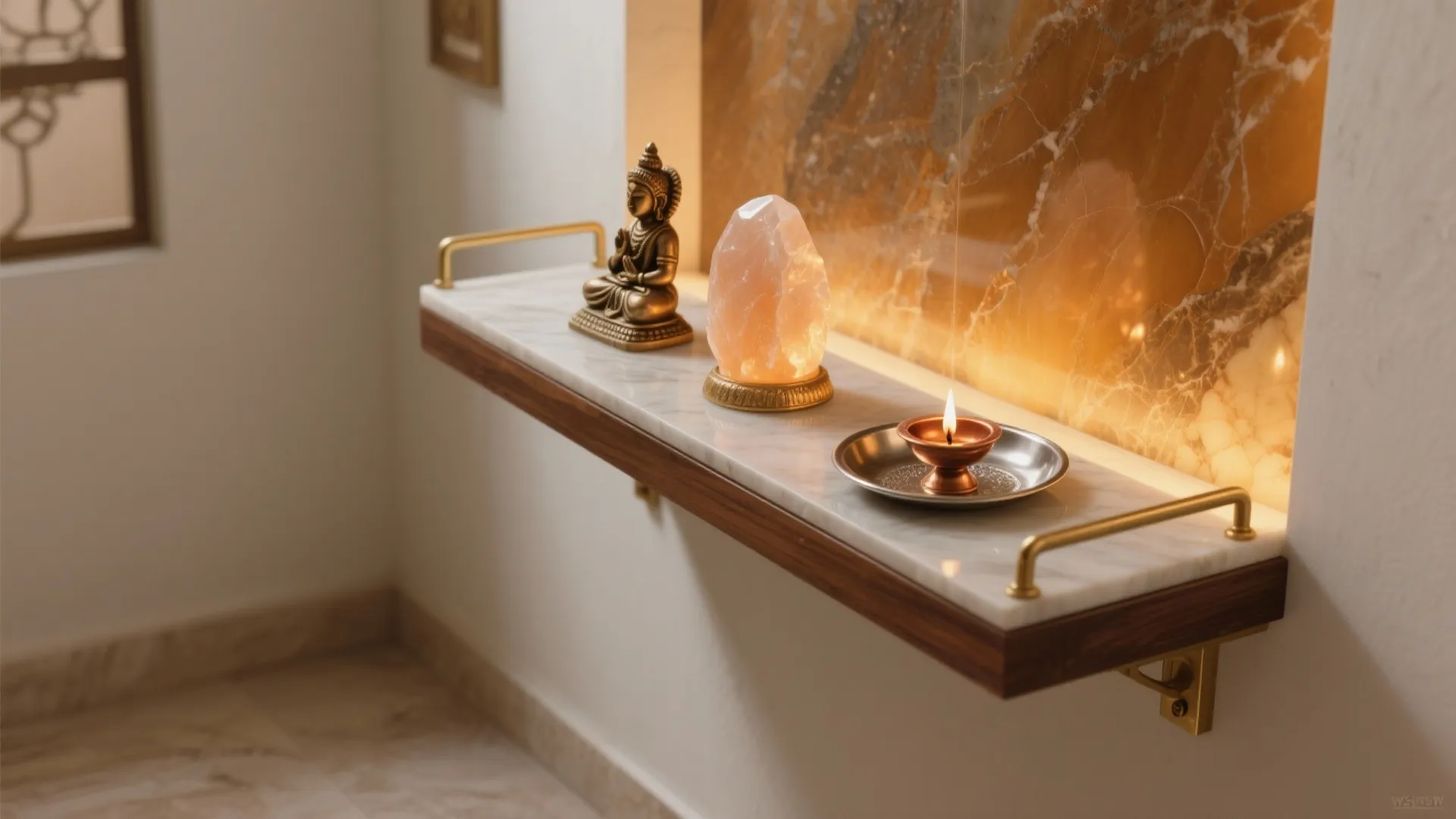 Wall mounted marble shelf with gold handles holding a statue, light stone, and oil lamp