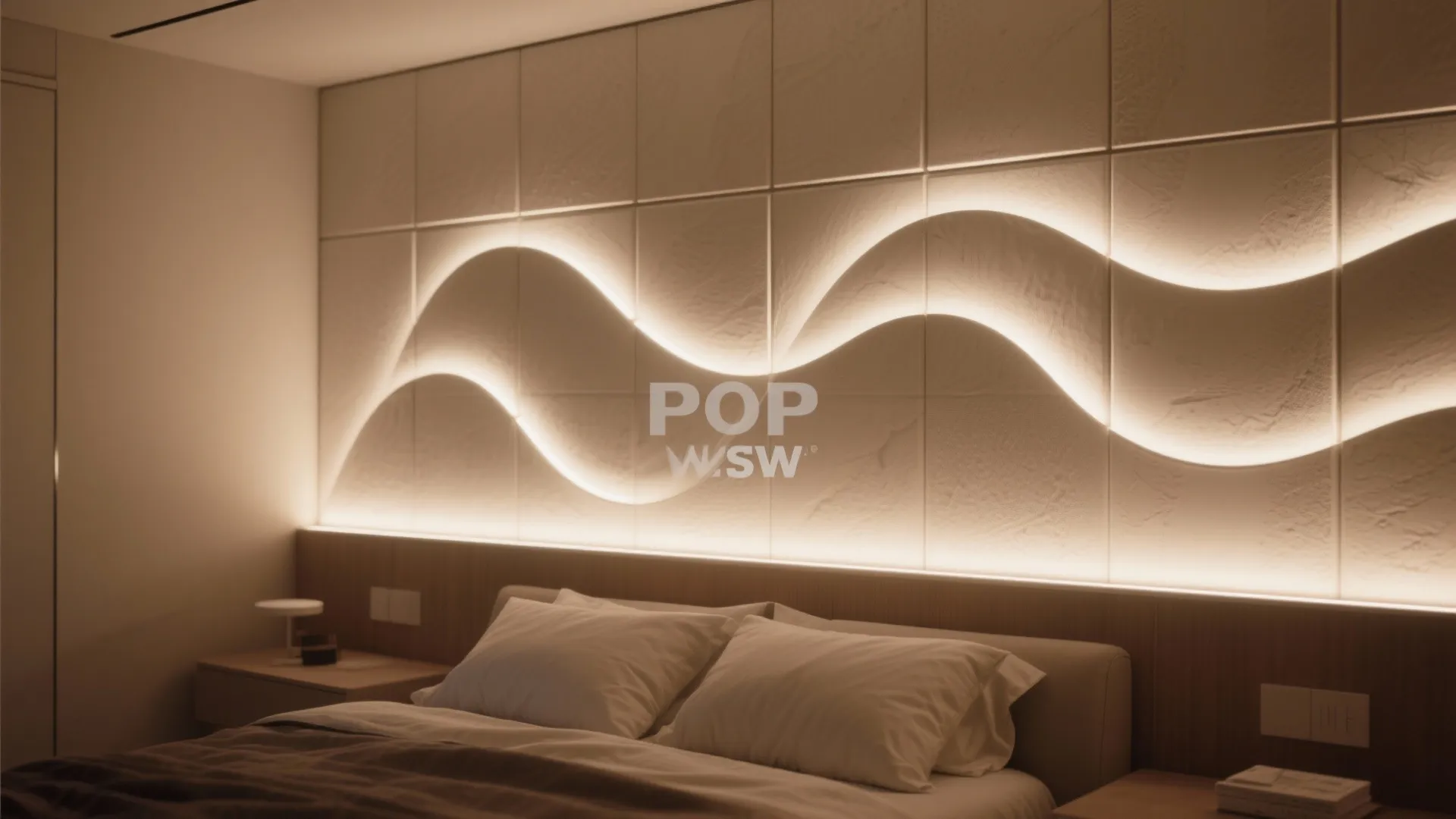 Bedroom interior featuring a wavy backlit wall panel above the bed providing soft warm light
