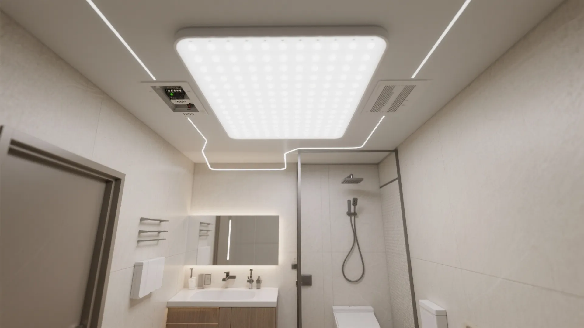 Modern bathroom interior design showing a bright square ceiling light and white sink with mirror