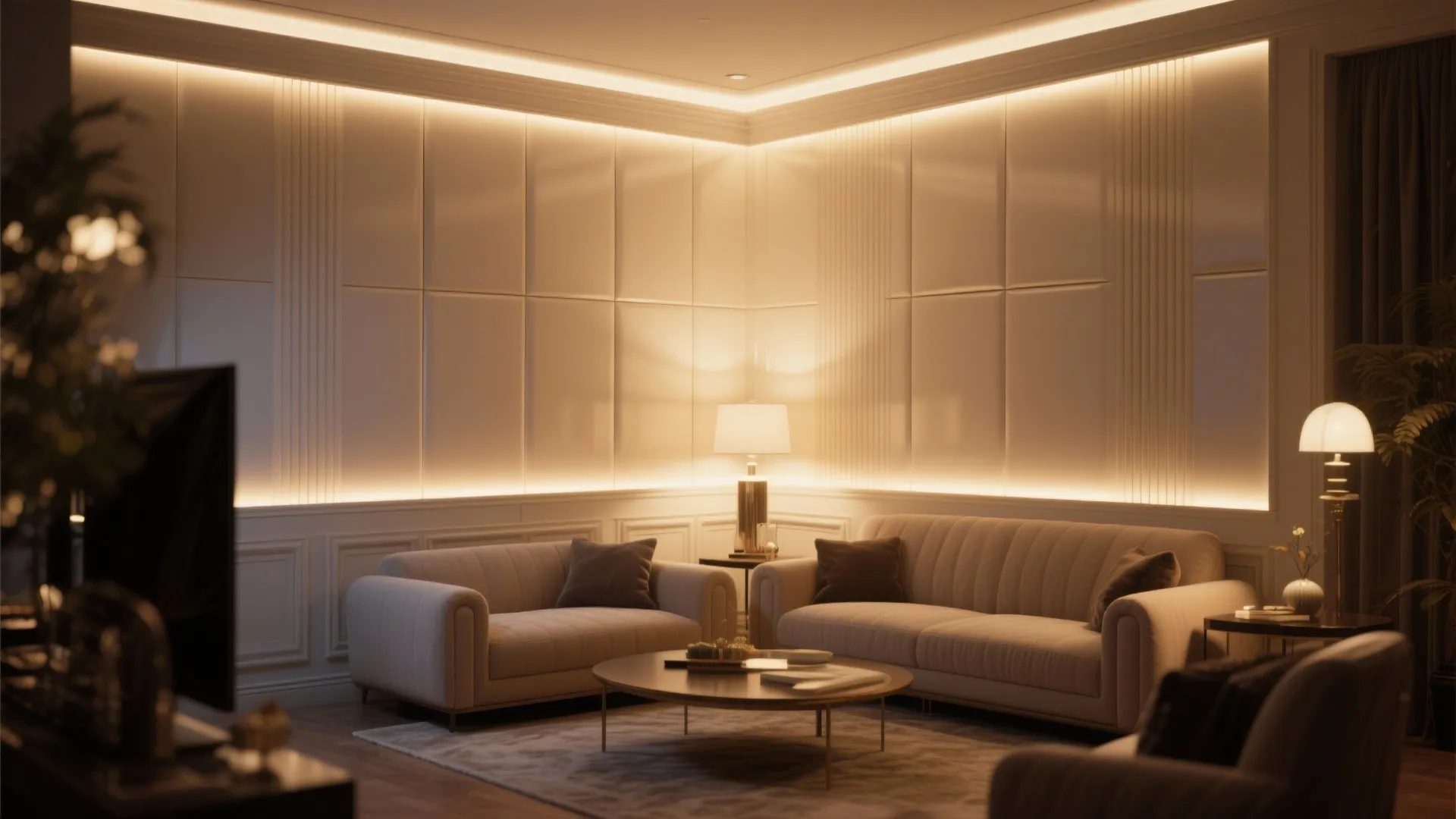 Cozy living room with warm backlit wall panels, beige sofas, coffee table and soft indoor lighting