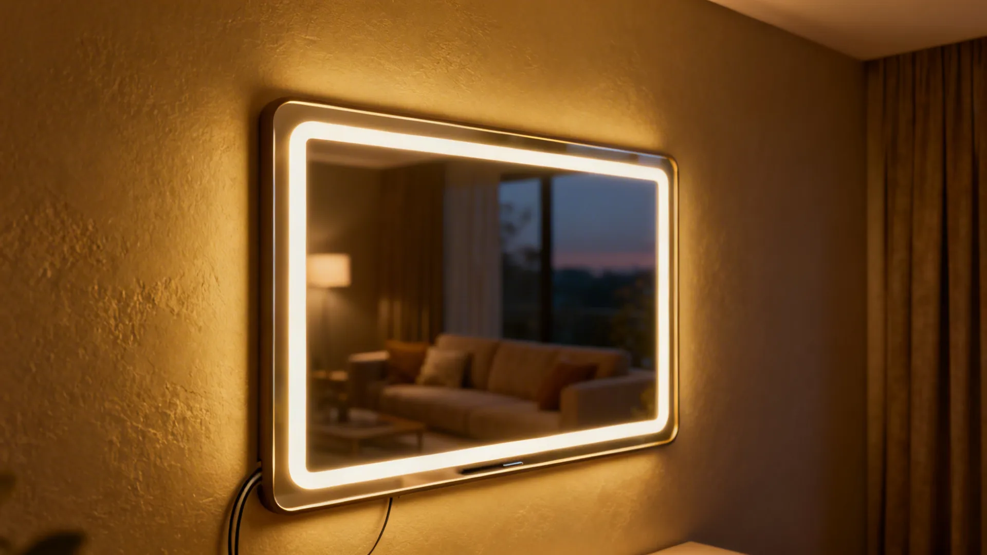 Backlit rectangular mirror with soft LED halo lighting a cozy living room wall