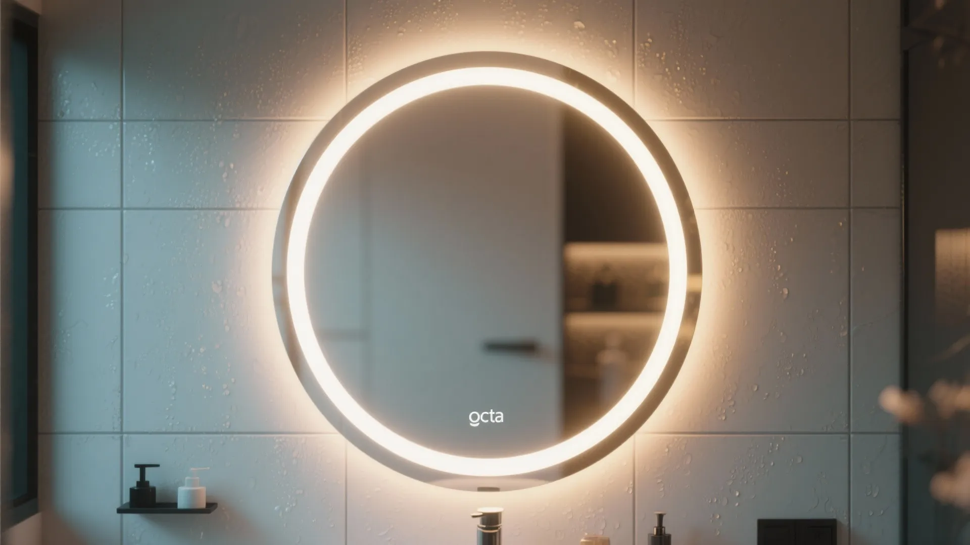 Round lighted wall mirror with bright glow reflecting a blurred bathroom interior on tiled wall background