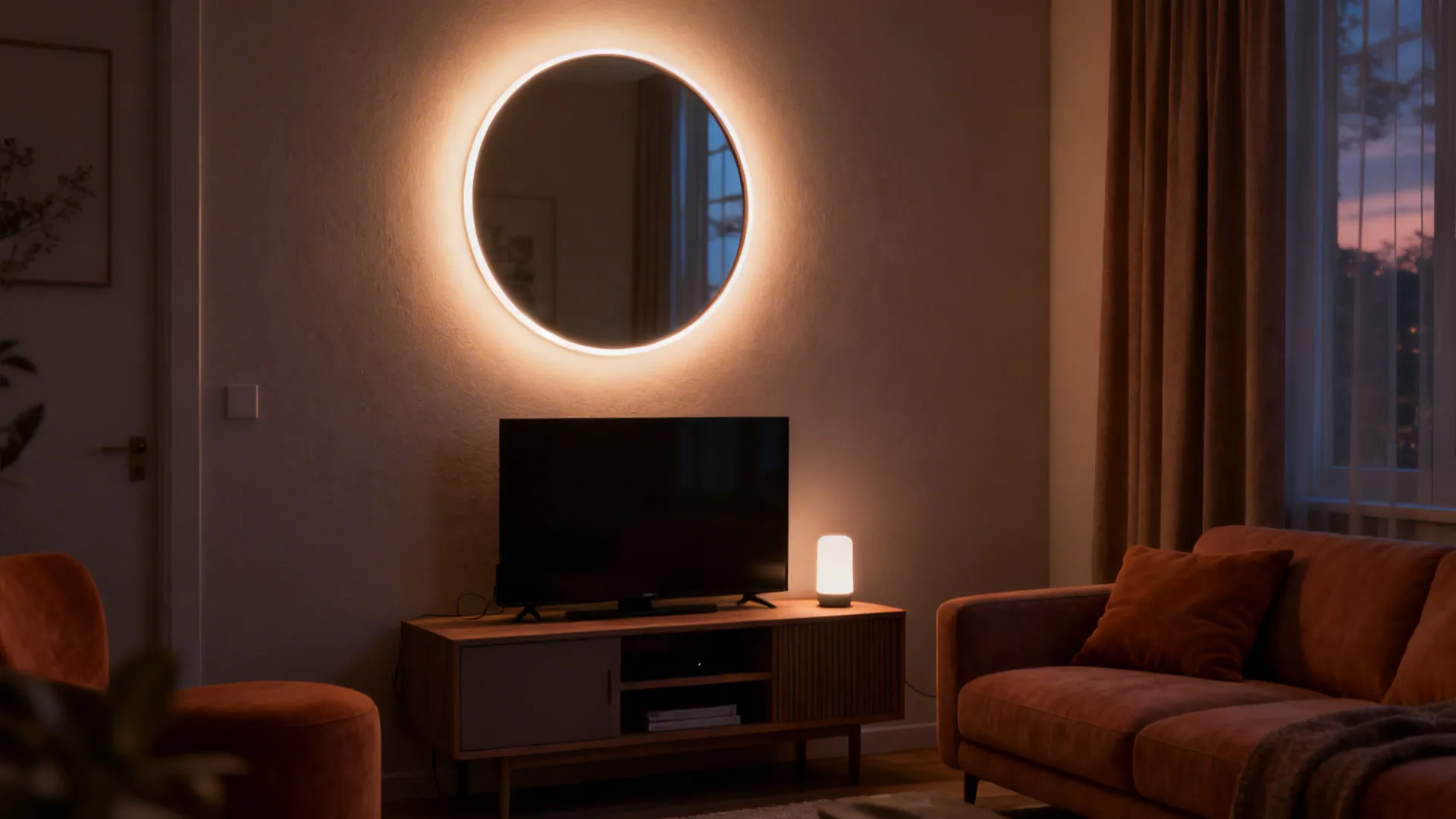 Backlit round mirror over a media console casting a warm halo and creating cozy ambient light in a small living room.