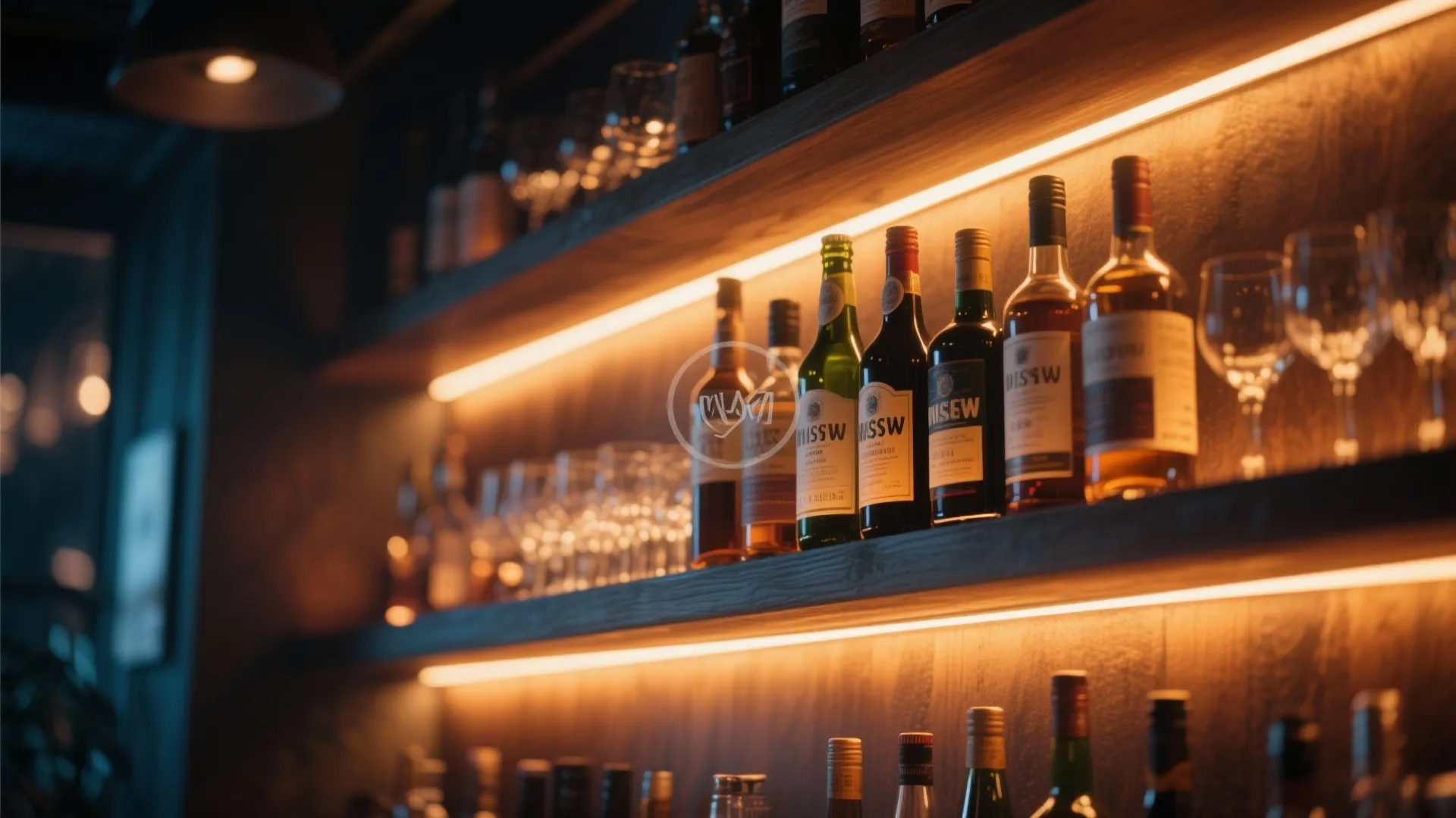 Backlit bar shelves highlighting bottles and glassware