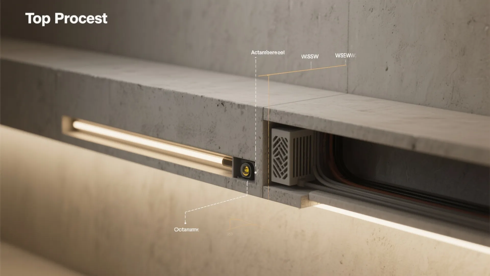 Interior design drawing showing internal light fixture wiring and power components inside a concrete shelf