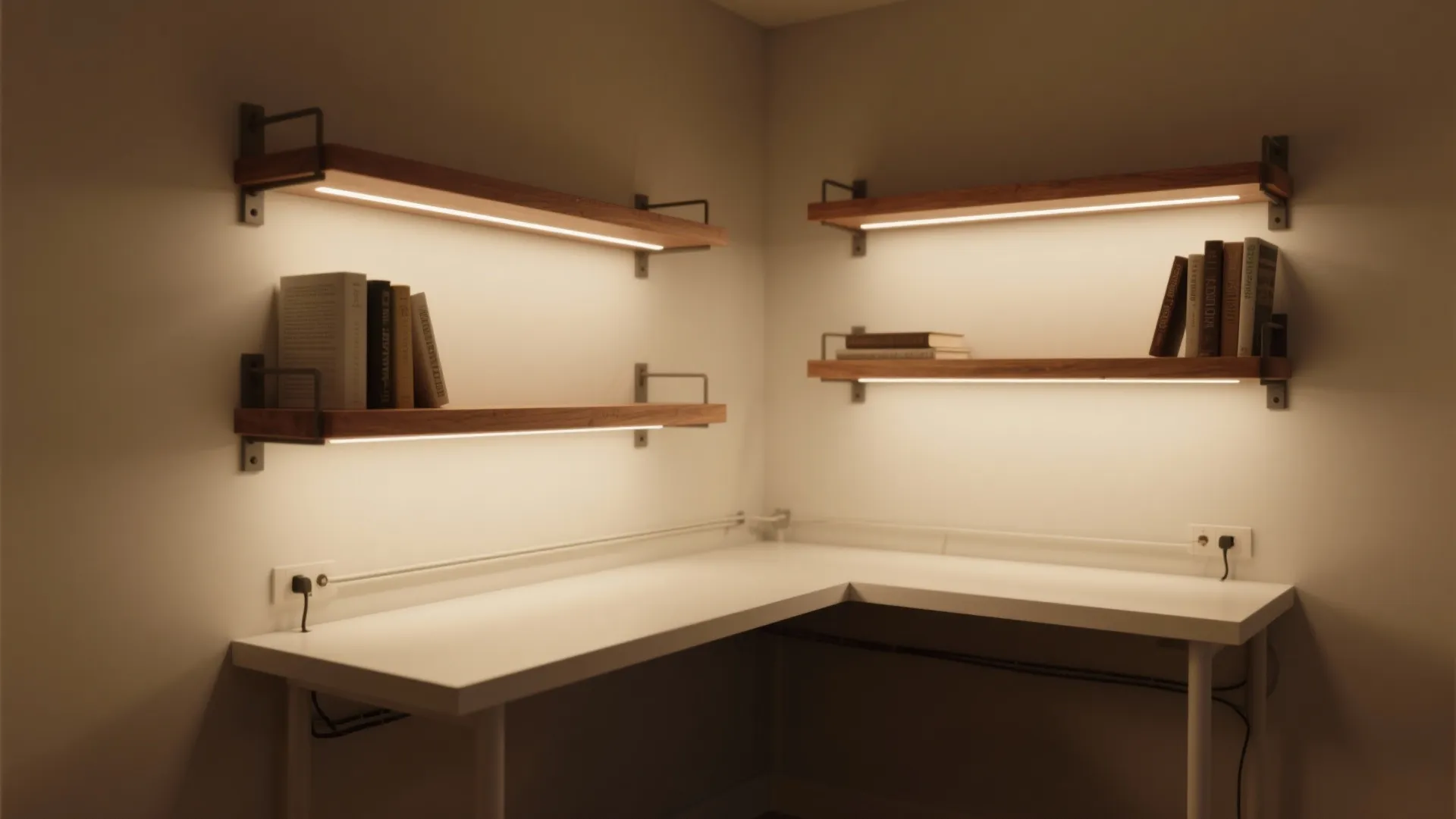 Modern white corner desk with wooden wall shelves featuring integrated warm LED light and books