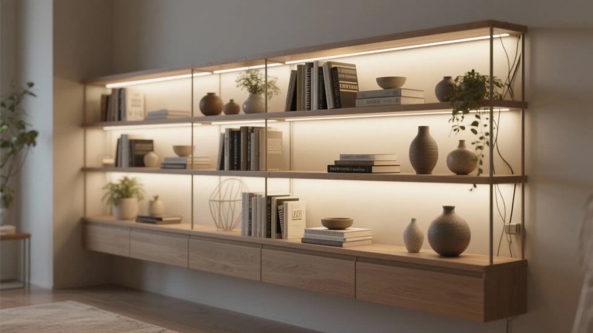 Long wooden wall shelf with warm backlighting holding many books vases and small green plants