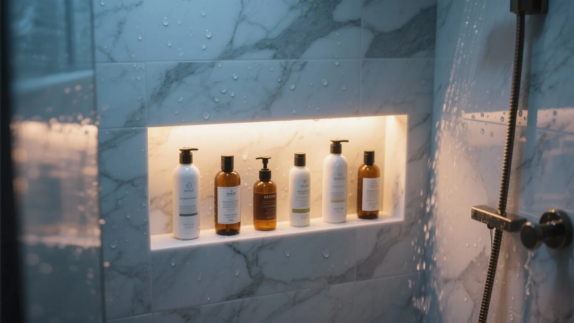 Modern marble shower with backlit wall shelf holding shampoo bottles and warm light for storage