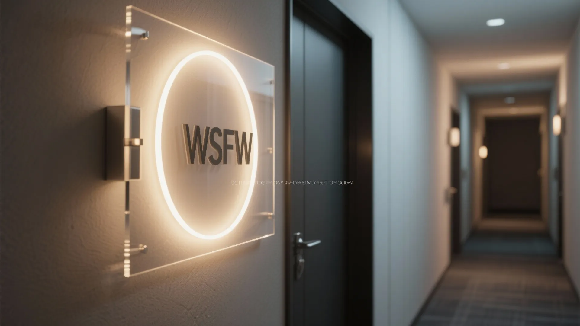 Modern hallway with glowing round wall light sign on glass next to dark office room
