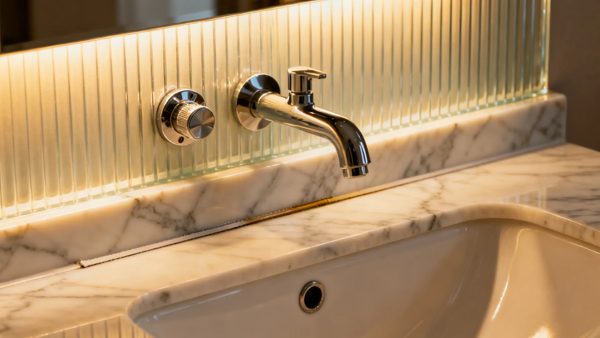 Macro of warmly backlit textured slab with precise wall-mount tap detail.