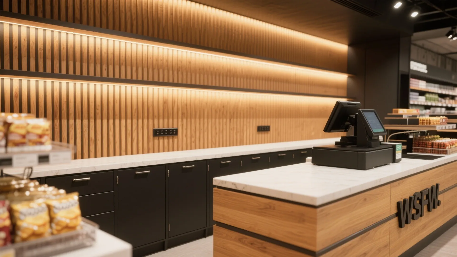 Grocery store checkout counter with marble top wooden base and warm backlit vertical wall panels