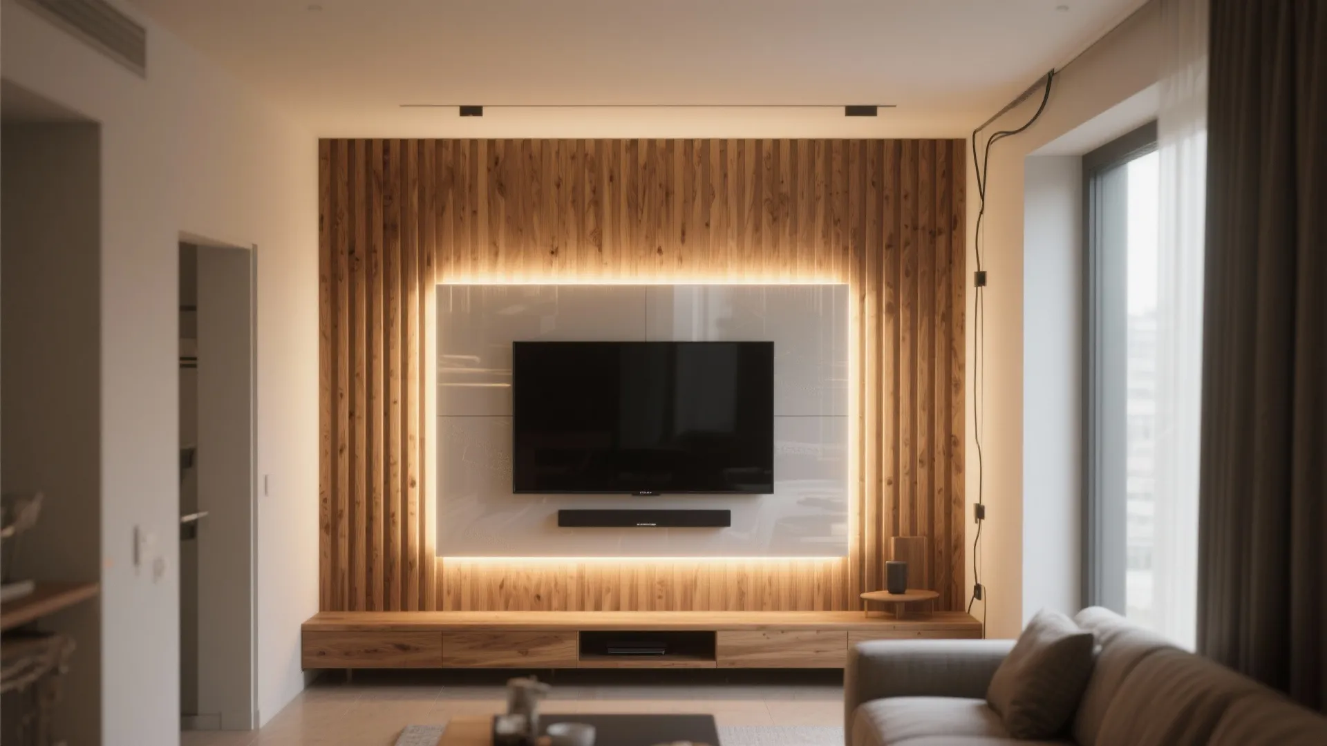Living room with a wall mounted television on a wood panel background with soft lighting