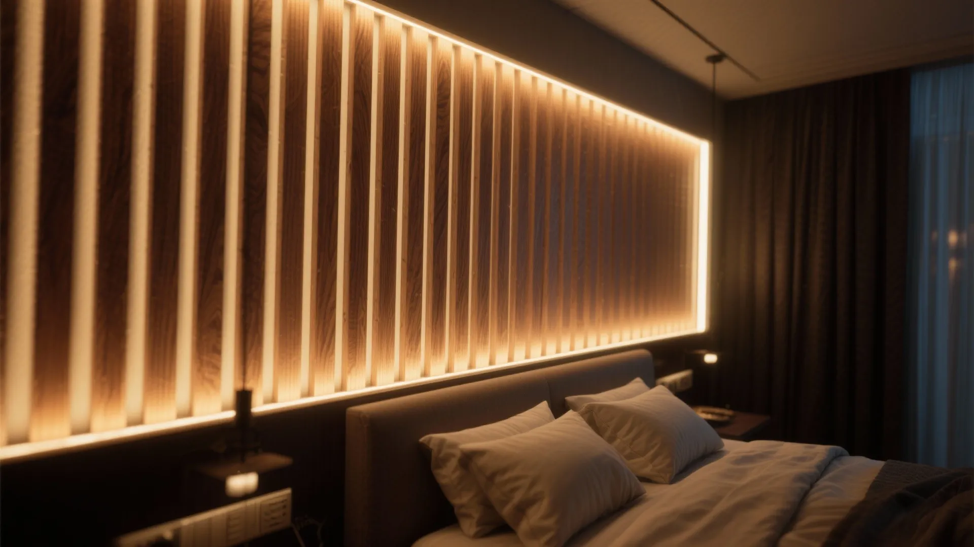 Bedroom slat wall with warm LED backlighting between slats, creating depth and ambient mood lighting.
