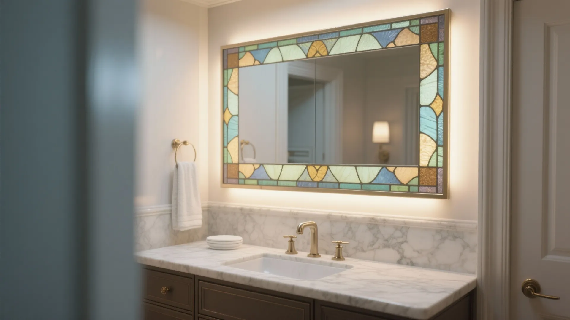 Bathroom vanity with marble countertop and a large mirror featuring a colorful stained glass border