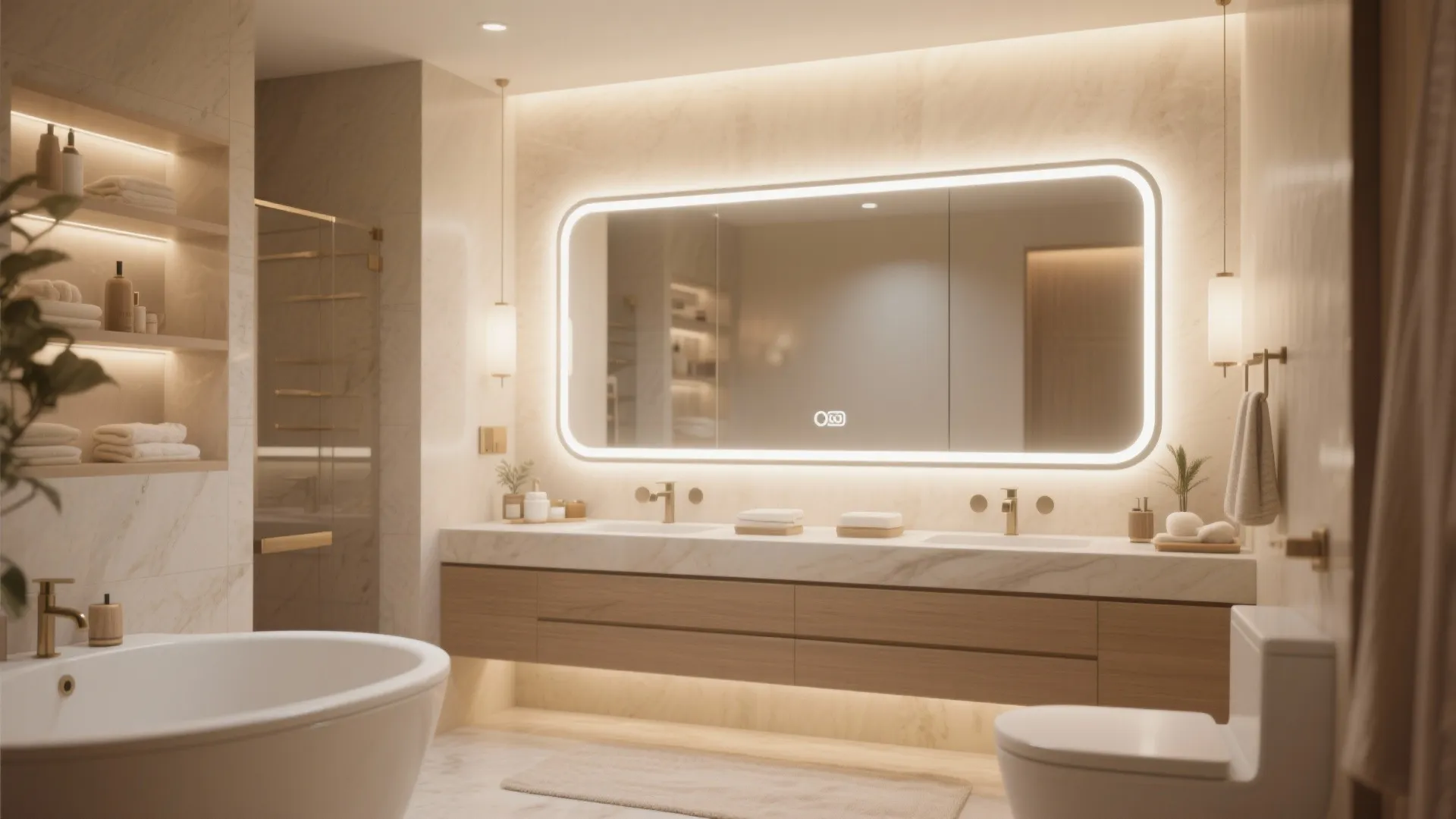 Modern bathroom with backlit mirror wood cabinet white bathtub toilet and marble walls with warm light