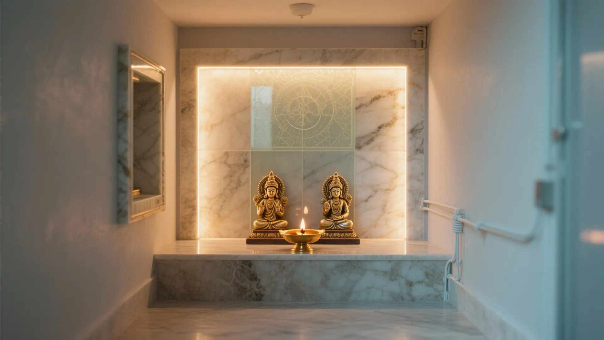 Compact pooja niche with warm backlit onyx or etched glass panel and tidy altar.