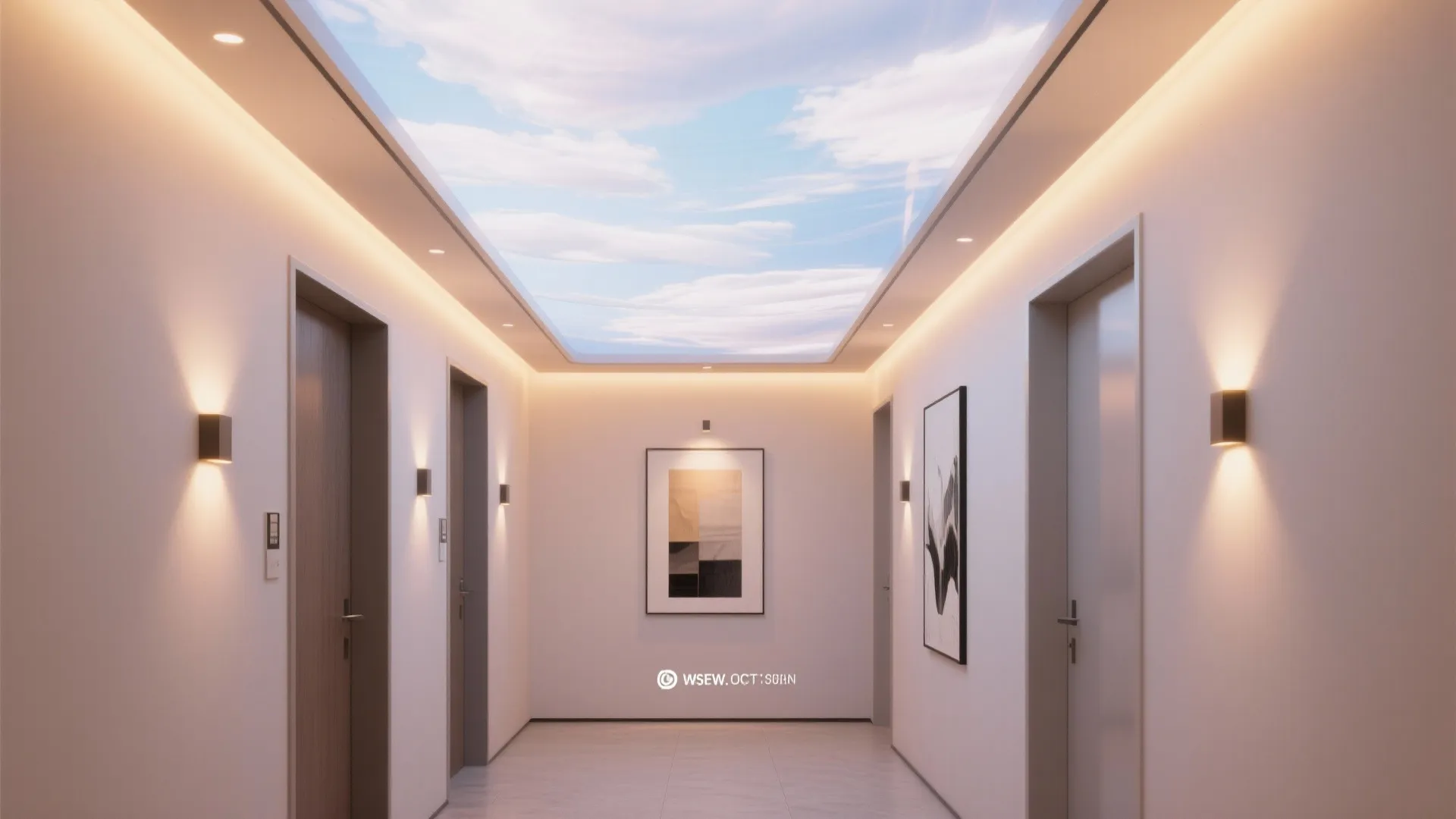 Modern hallway with sky pattern ceiling light and wall lights beside several brown wooden doors