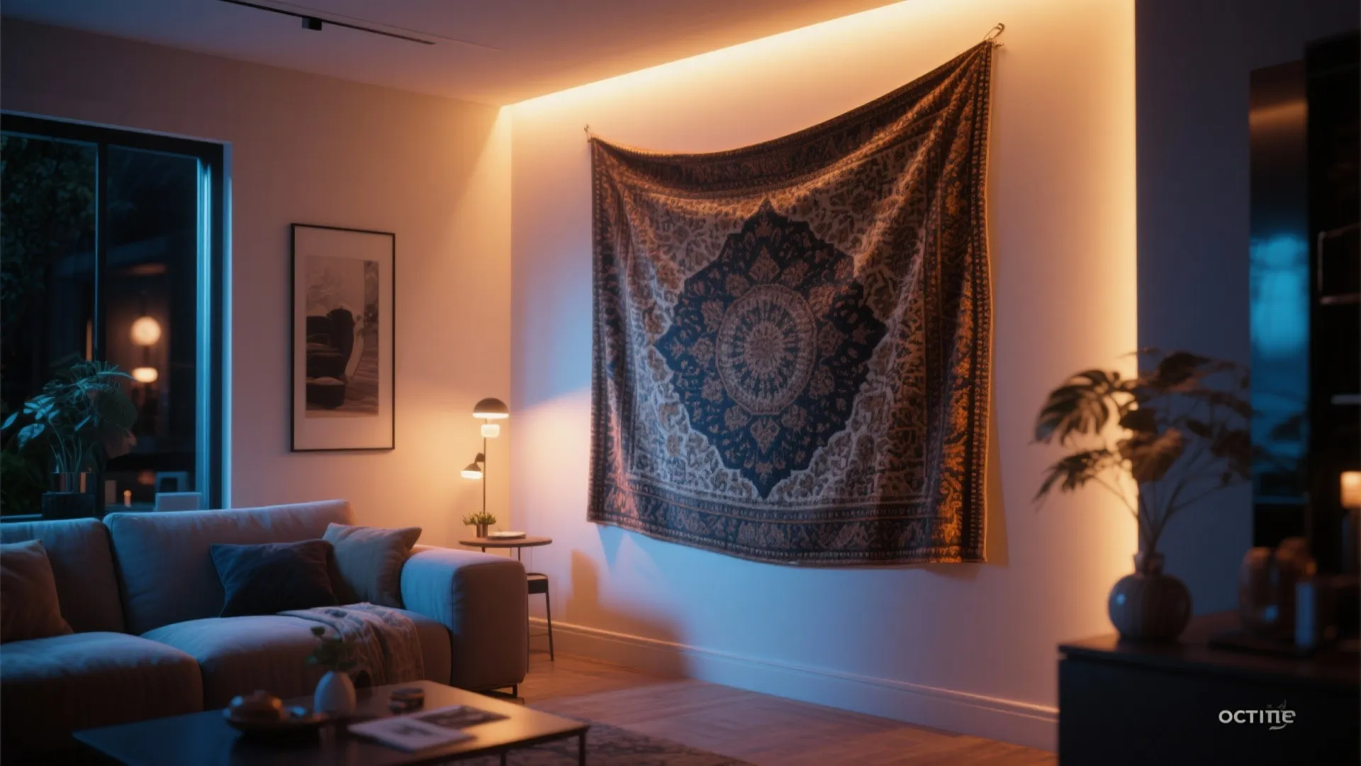 Backlit tapestry glowing warmly in a living room corner