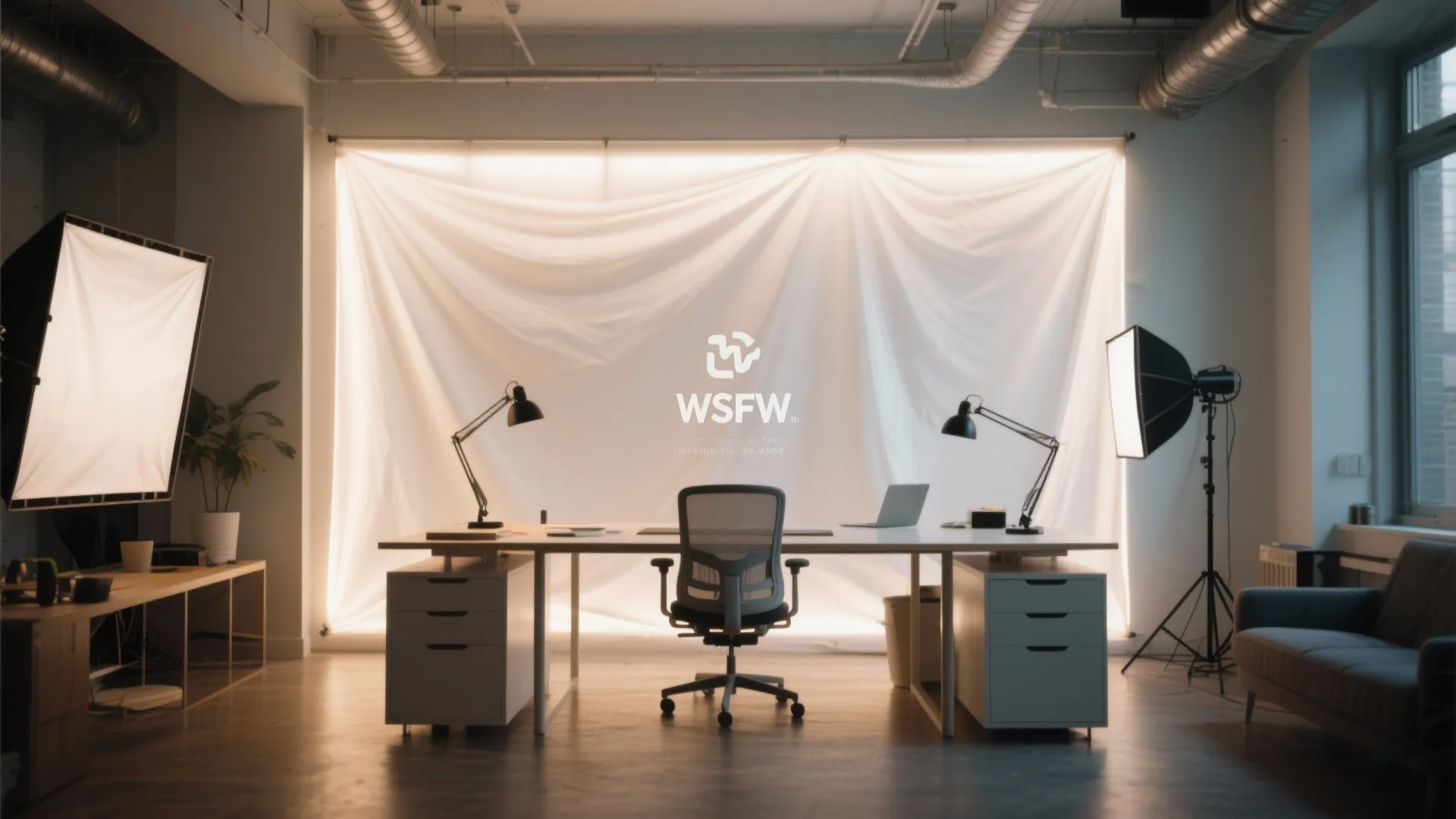 White desk with grey chair in front of a bright glowing wall featuring two desk lamps