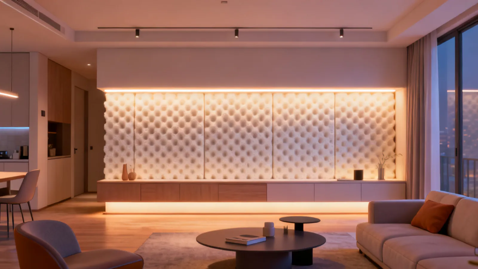 Backlit thermocol feature wall with LED lighting in a modern apartment