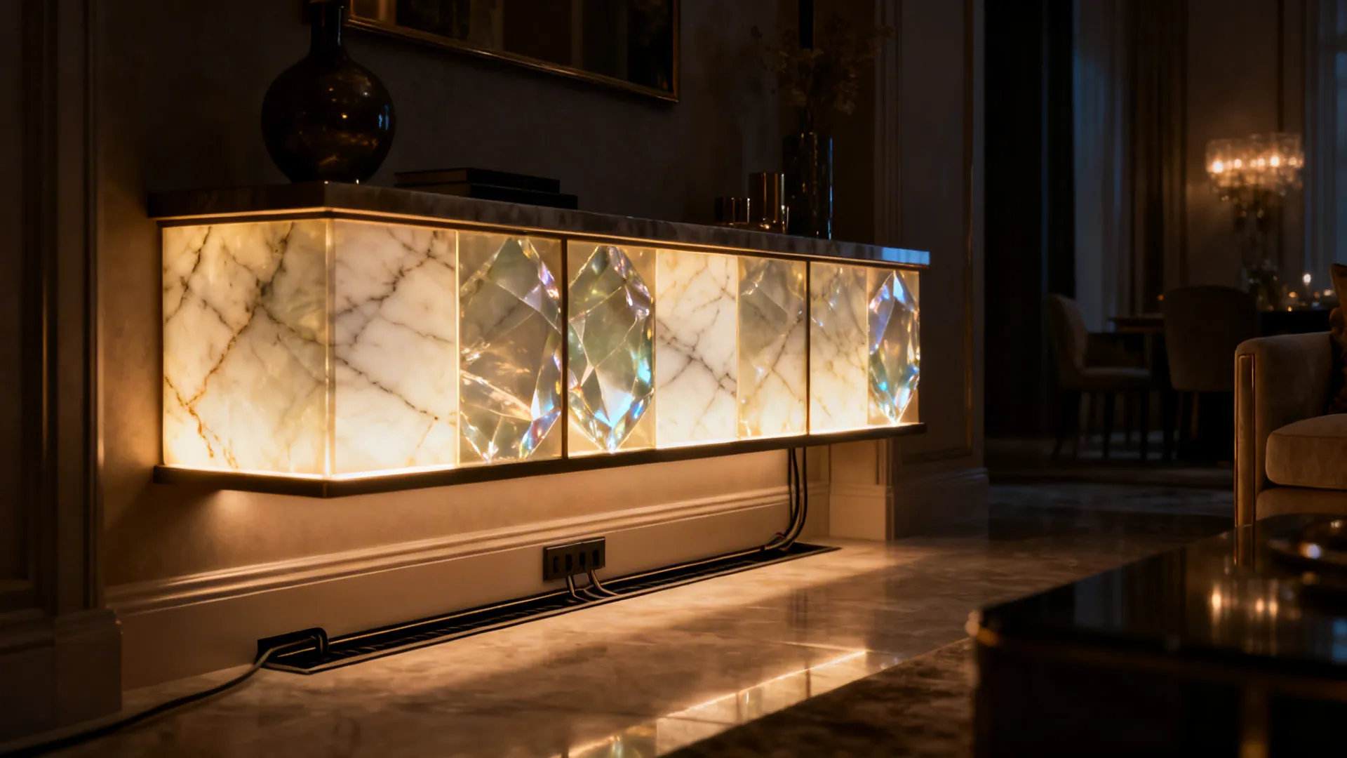 Luxurious living room with backlit translucent stone panels creating a soft jewel-like glow behind a console.