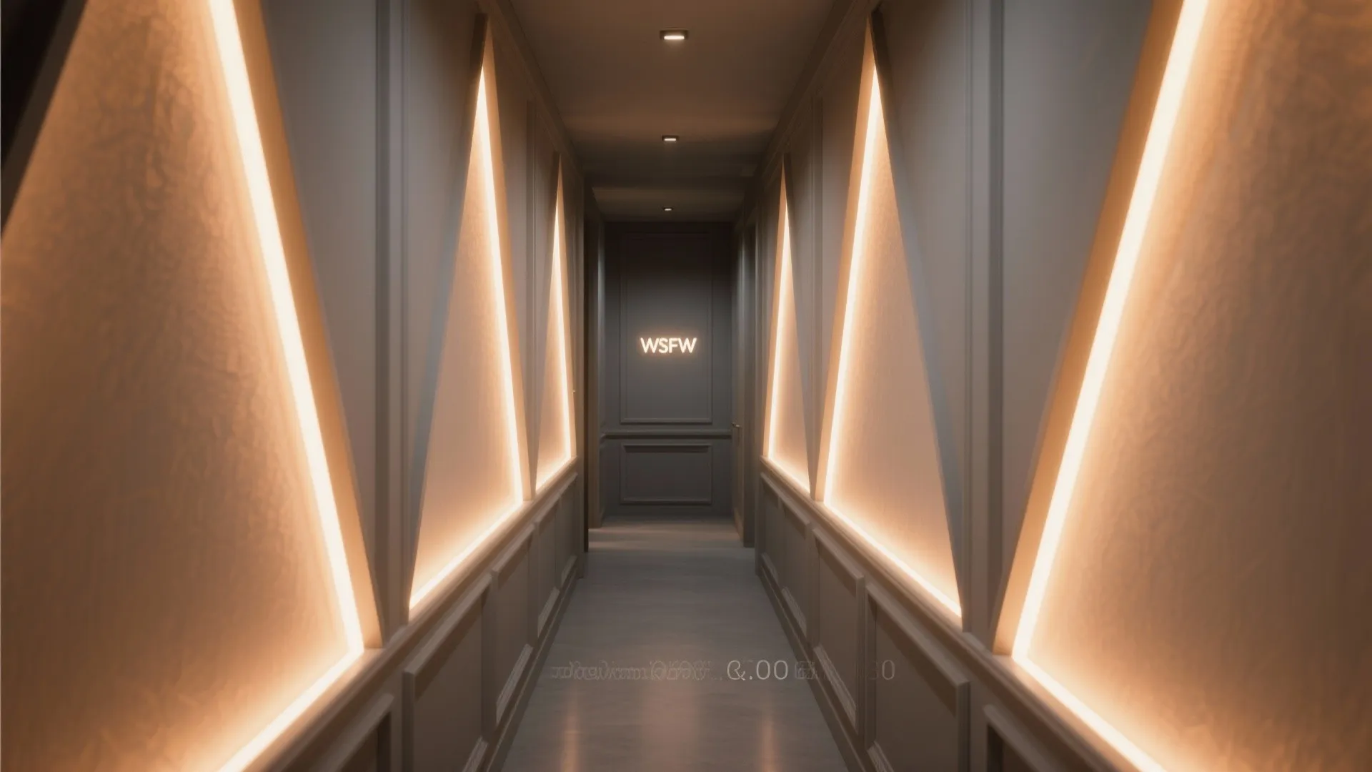 Long narrow hallway with wall panel design featuring glowing orange triangle lights and dark grey colors