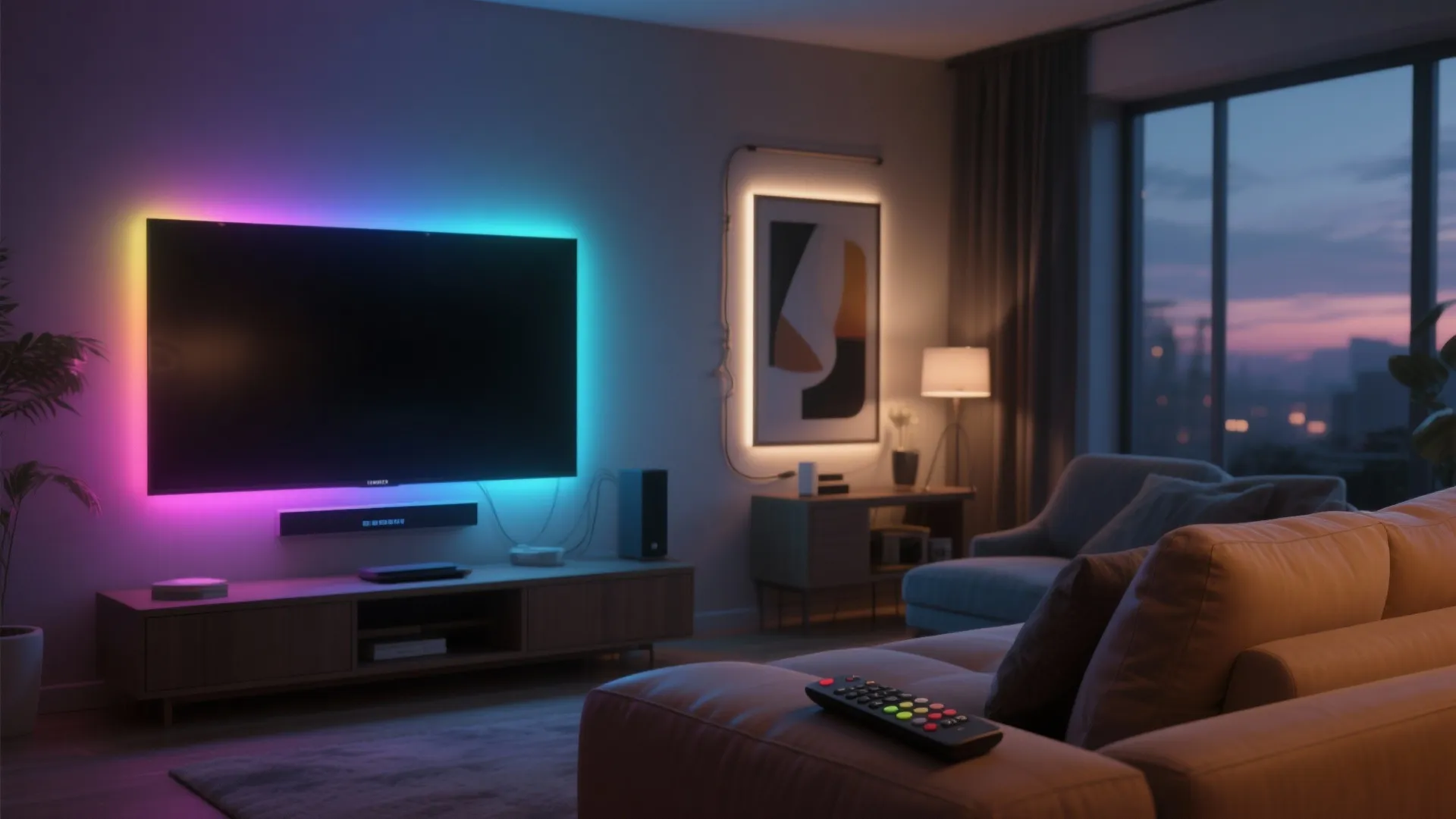 Modern living room with colorful LED backlighting behind television and cozy sofa with remote control