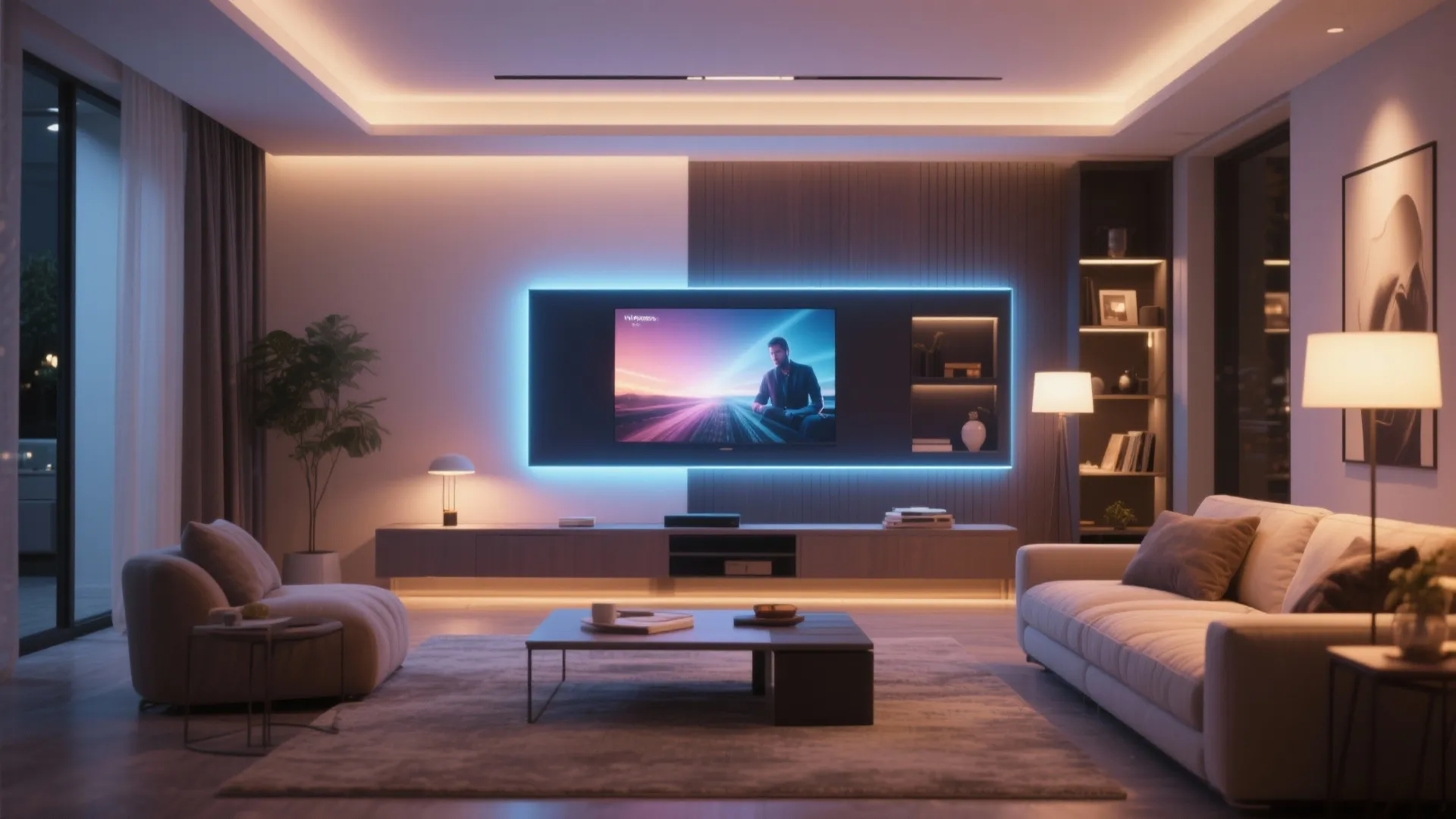 Living room with blue backlit television on dark wall panel warm ceiling lights and modern sofa