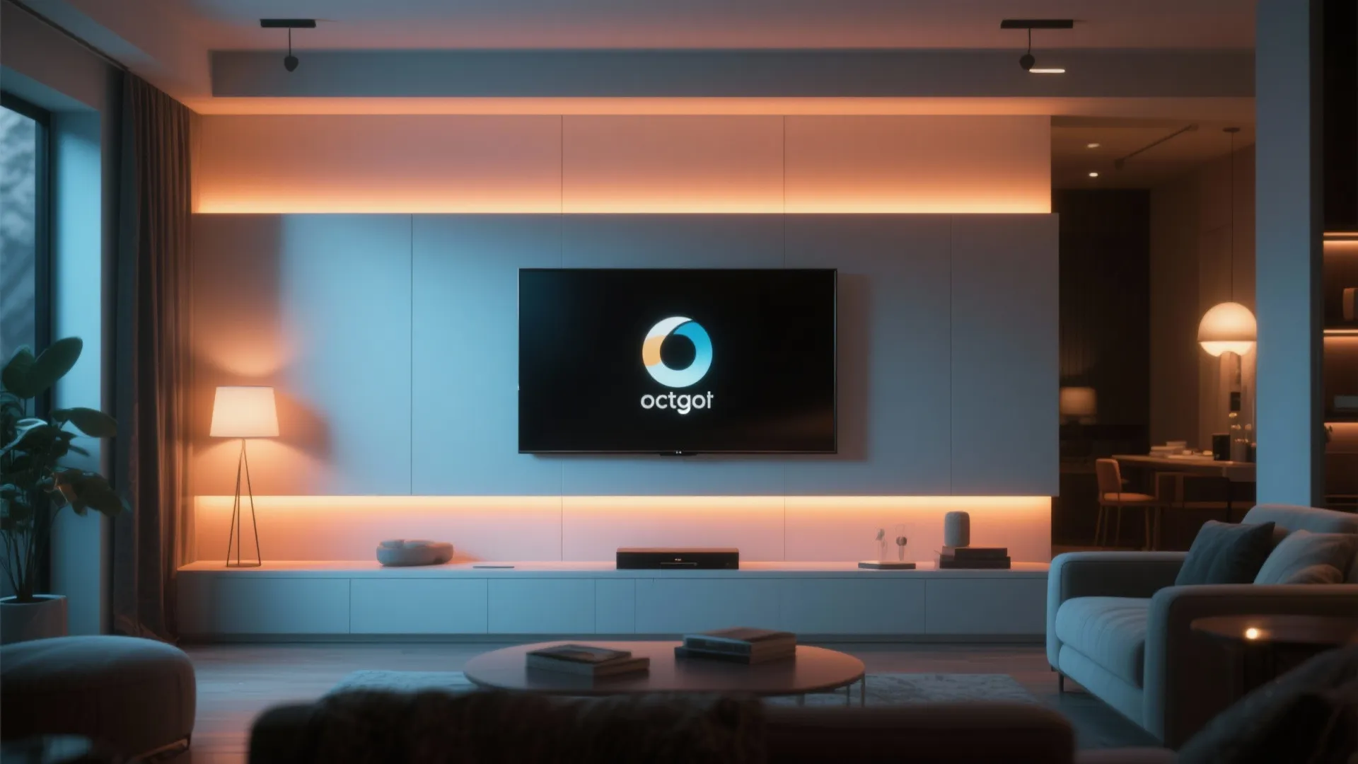 Contemporary living room with warm orange hidden light strips behind a sleek wall mounted television